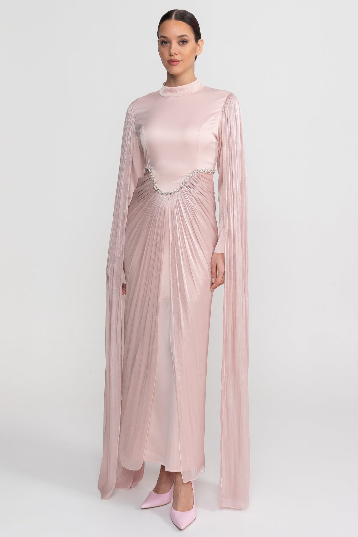 High Neck Maxi Dress with Draped Sheer Overlay and Crystal Waist – Blush Pink
