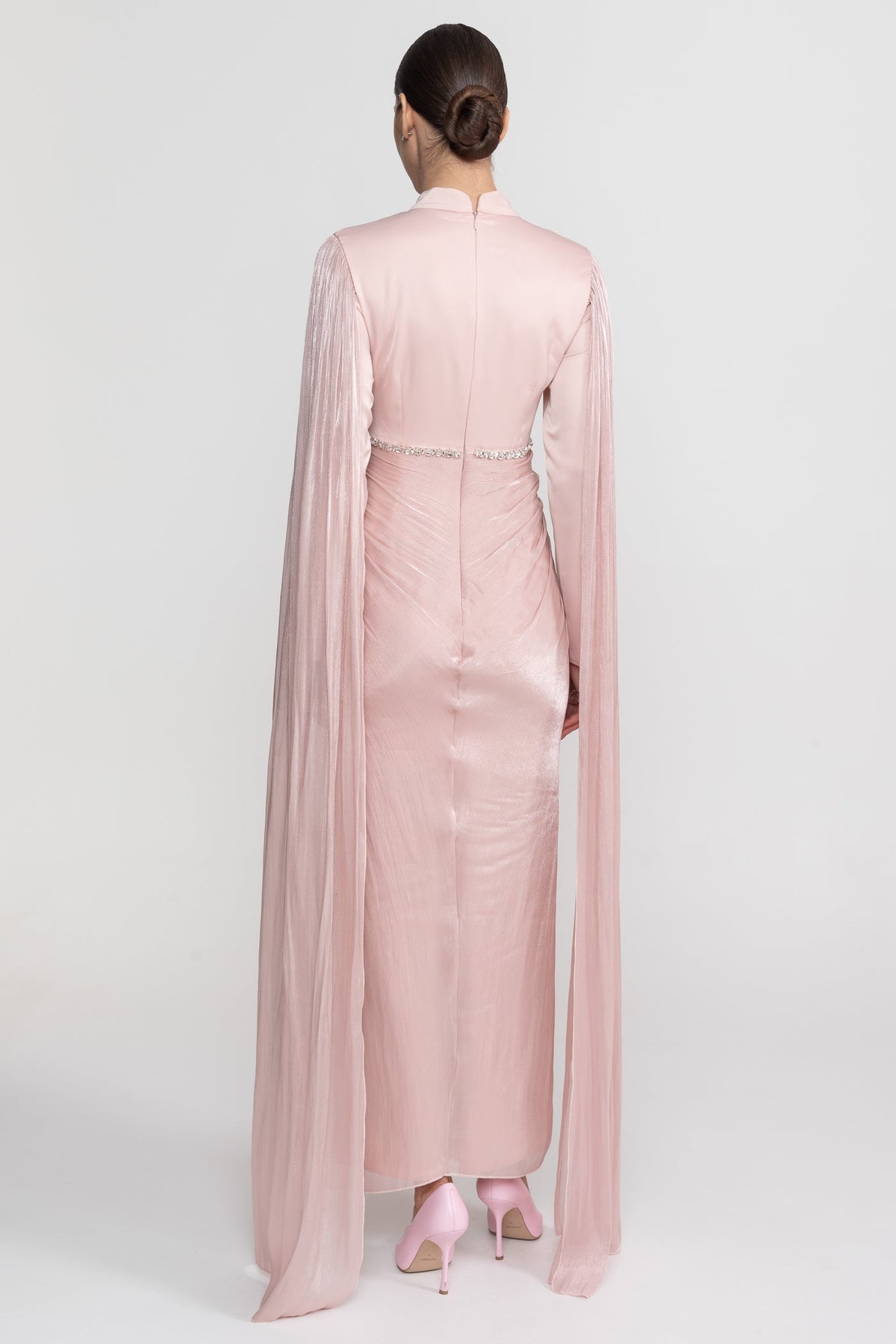 High Neck Maxi Dress with Draped Sheer Overlay and Crystal Waist – Blush Pink – view 10