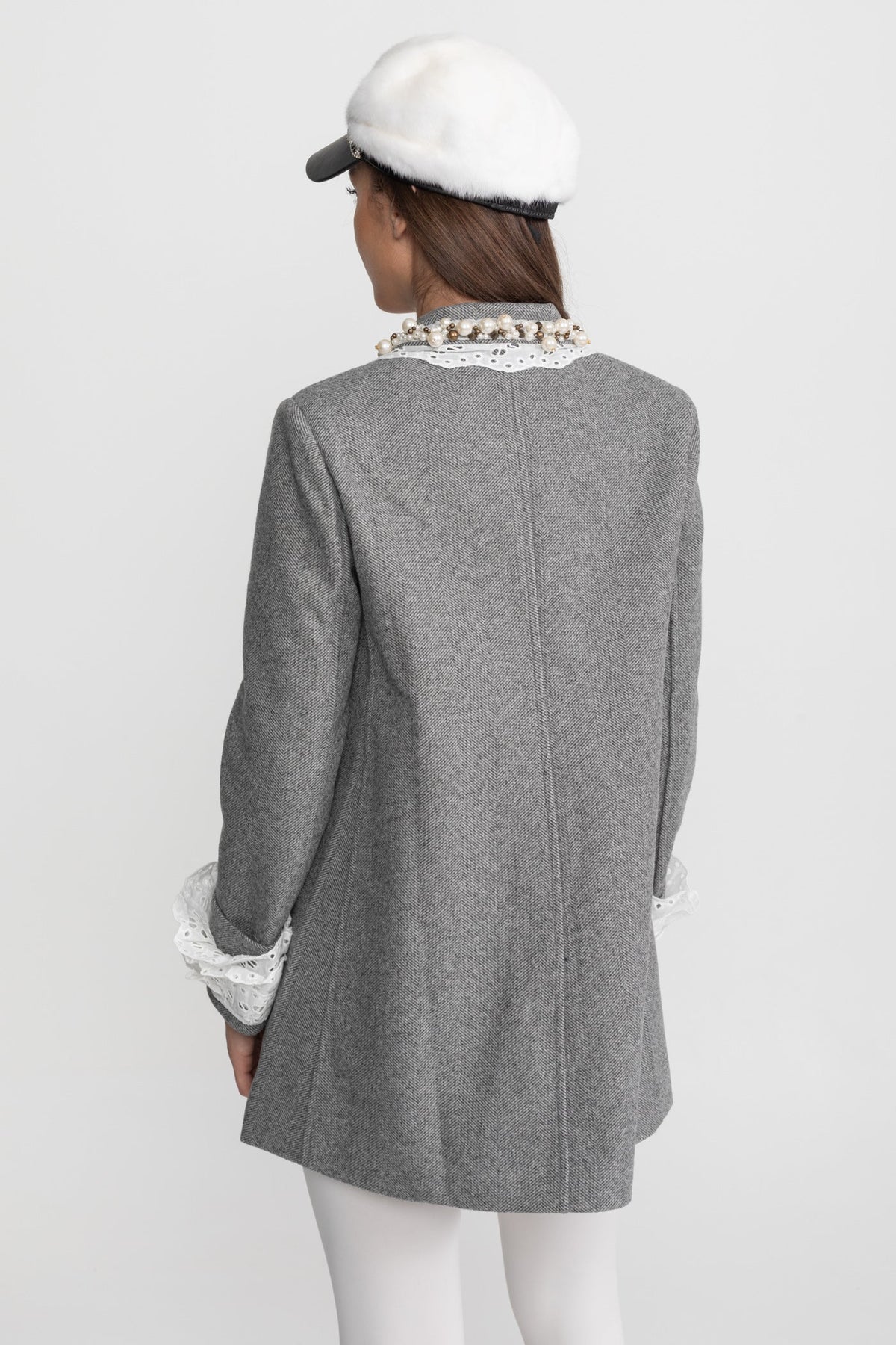 Flared Mini Coat with Pearl-Embellished Lace Collar – Grey