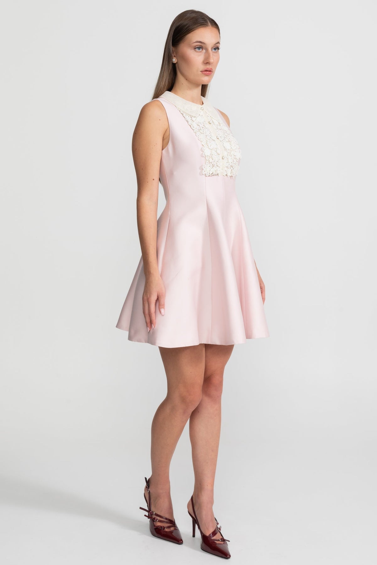Peter Pan Collar A-Line Mini Dress with Lace Bib – Blush Pink – view 4