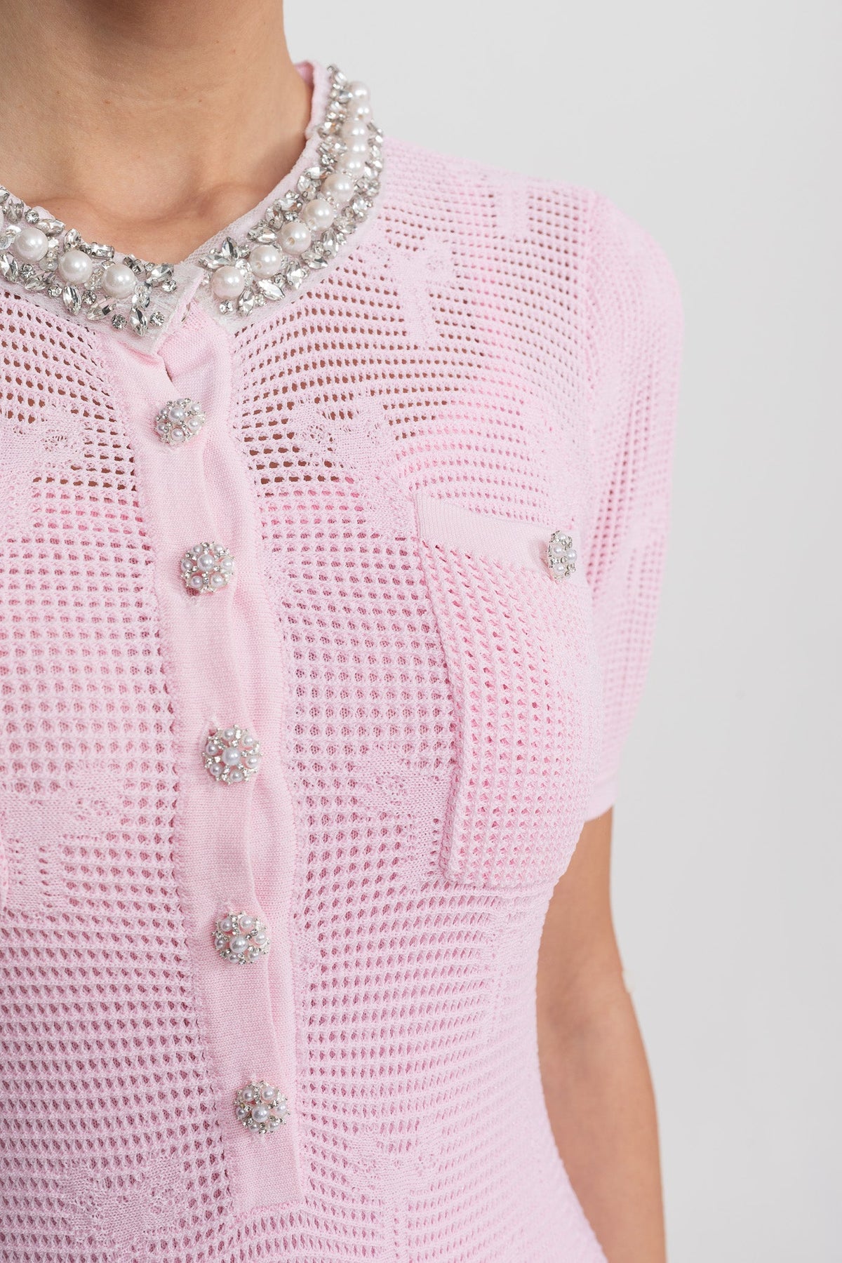 Textured Knit A-Line Mini Dress with Pearl Trim Neckline – Pink – view 6