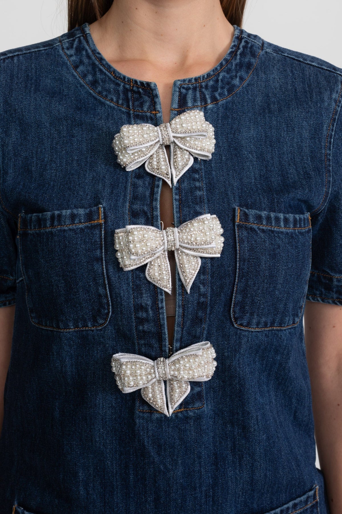 Short Sleeve Denim Mini Dress with Crystal Bow Appliqués – Dark Blue