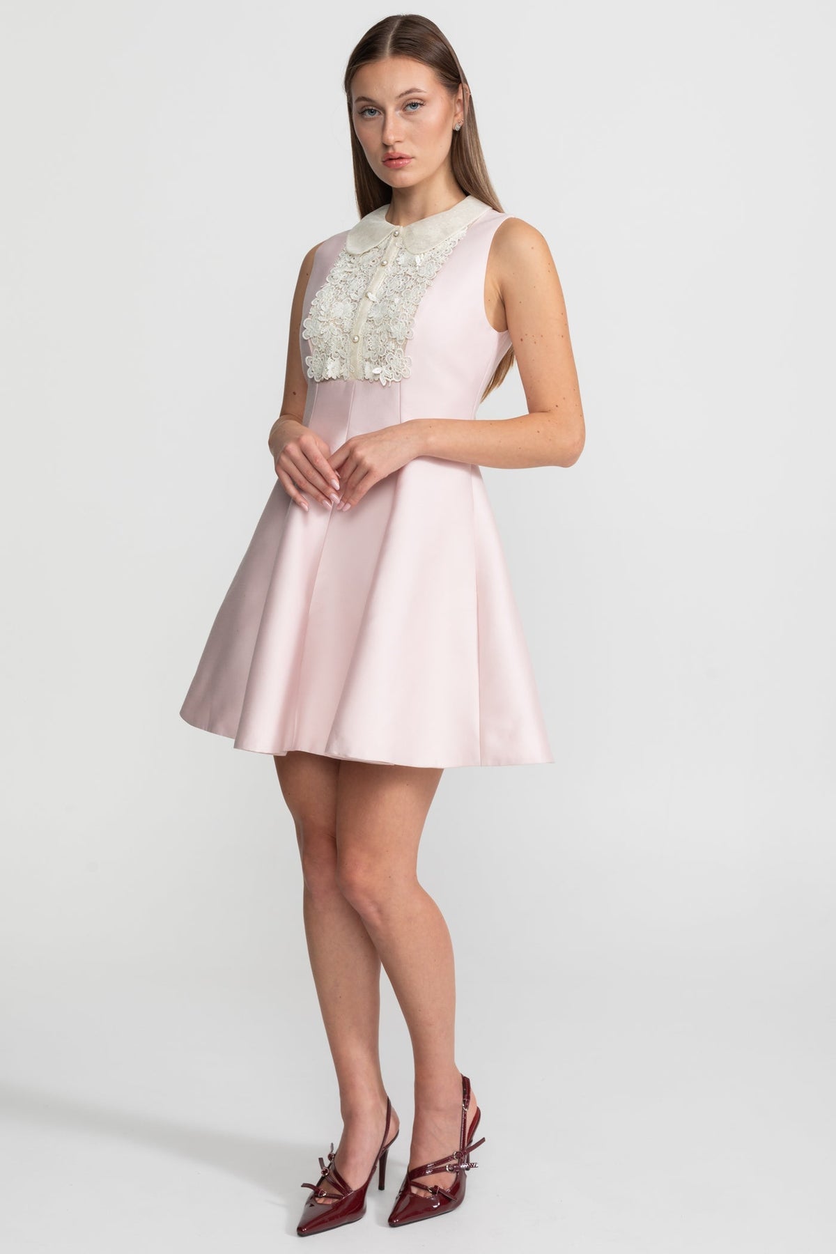 Peter Pan Collar A-Line Mini Dress with Lace Bib – Blush Pink – view 3