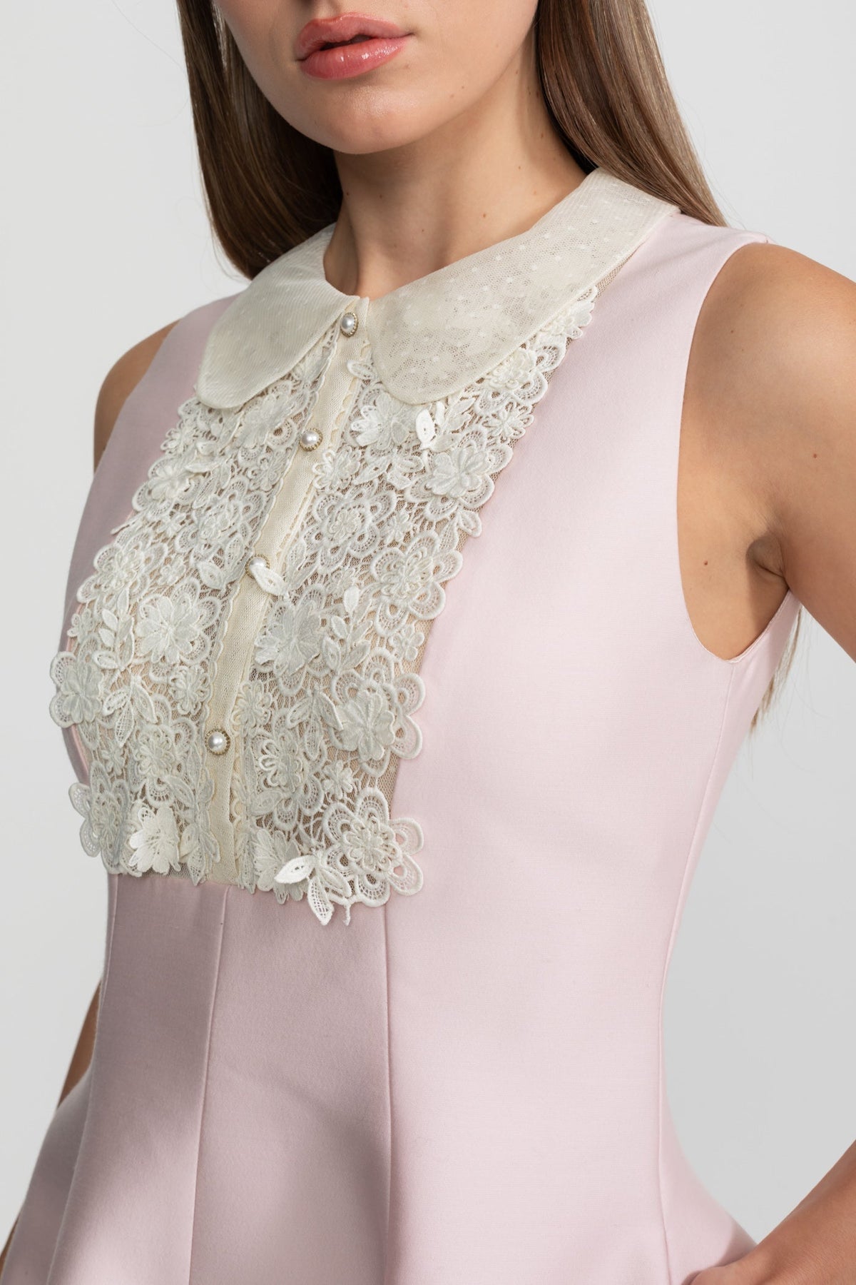 Peter Pan Collar A-Line Mini Dress with Lace Bib – Blush Pink