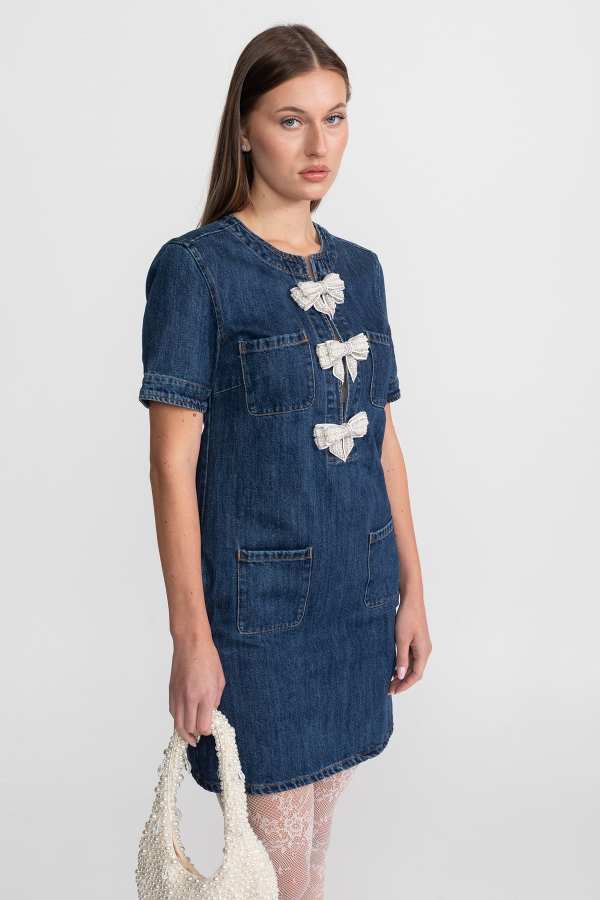 Short Sleeve Denim Mini Dress with Crystal Bow Appliqués – Dark Blue – view 4