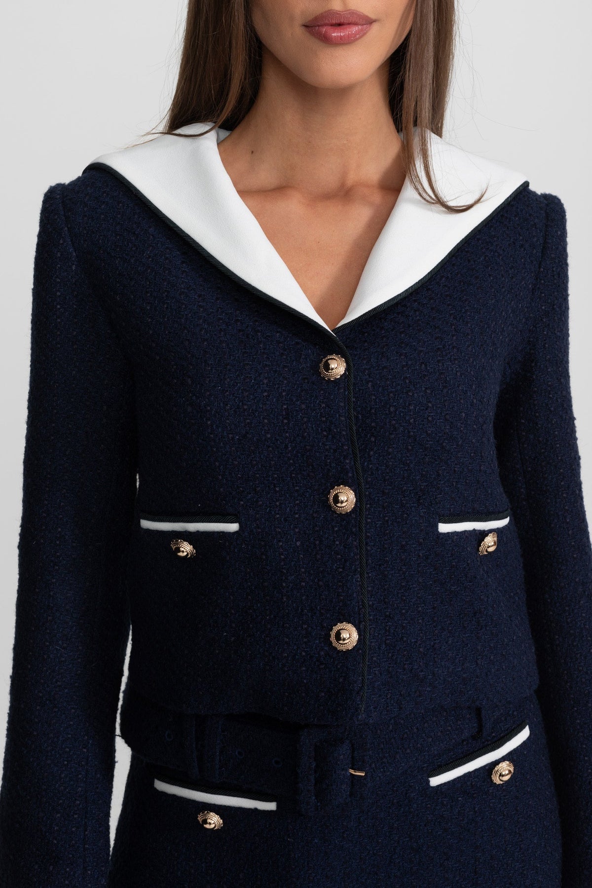 Tweed Cropped Jacket with White Contrast Collar – Navy – view 6