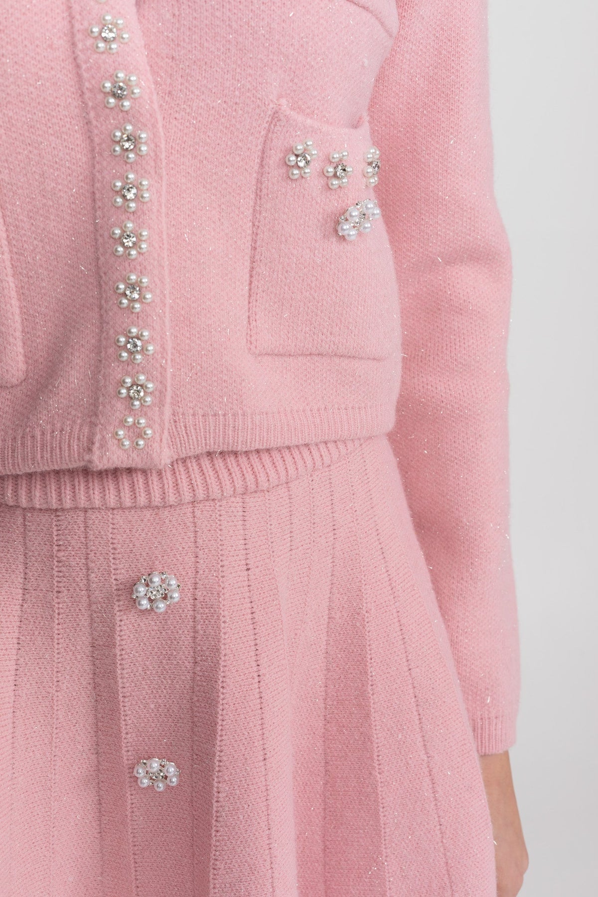 Crystal Embellished Knit Cardigan and Pleated Mini Skirt Set – Blush Pink – view 5