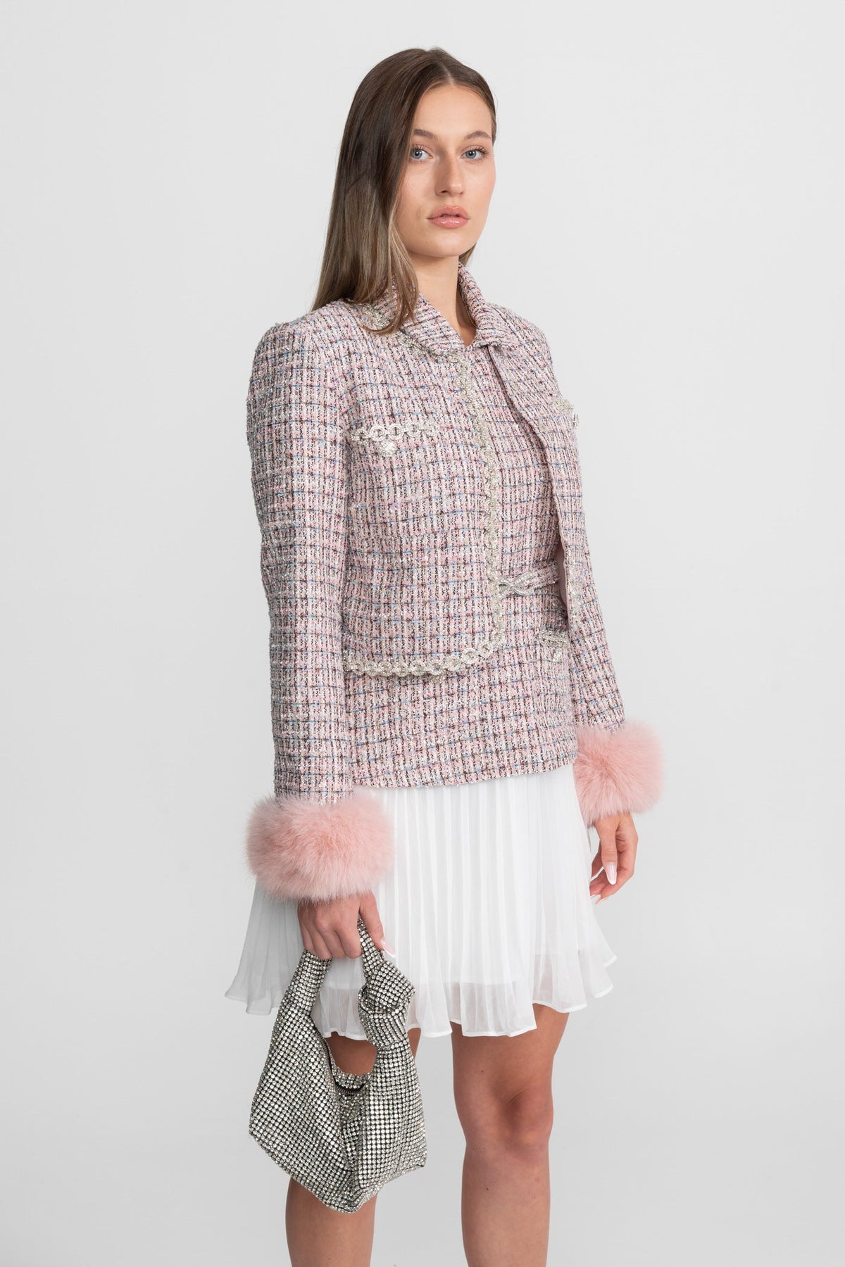 Open Front Tweed Cropped Jacket with Faux Fur Cuffs – Pink – view 3