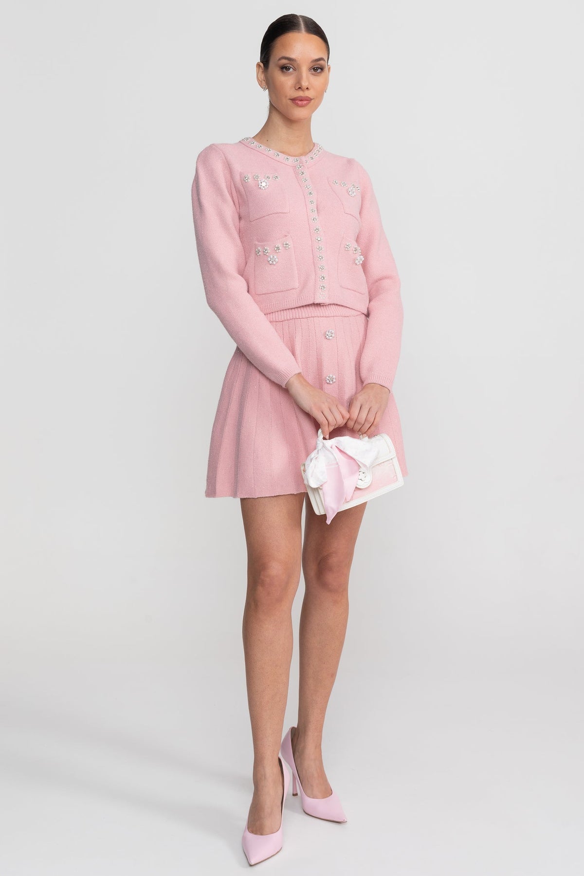 Crystal Embellished Knit Cardigan and Pleated Mini Skirt Set – Blush Pink – view 7