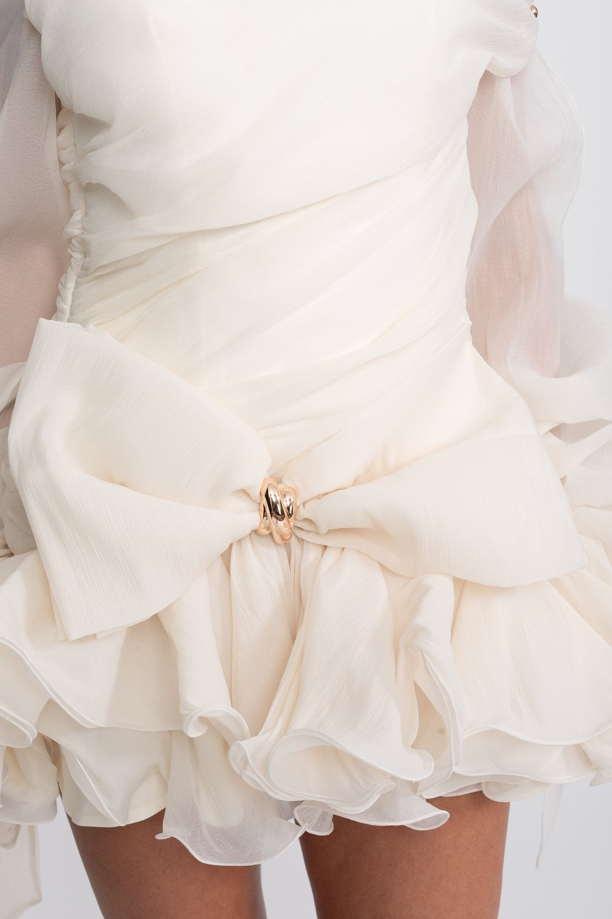 Off-Shoulder Chiffon Ruffle Mini Dress with Bow and Gold Buckle – Ivory – view 7
