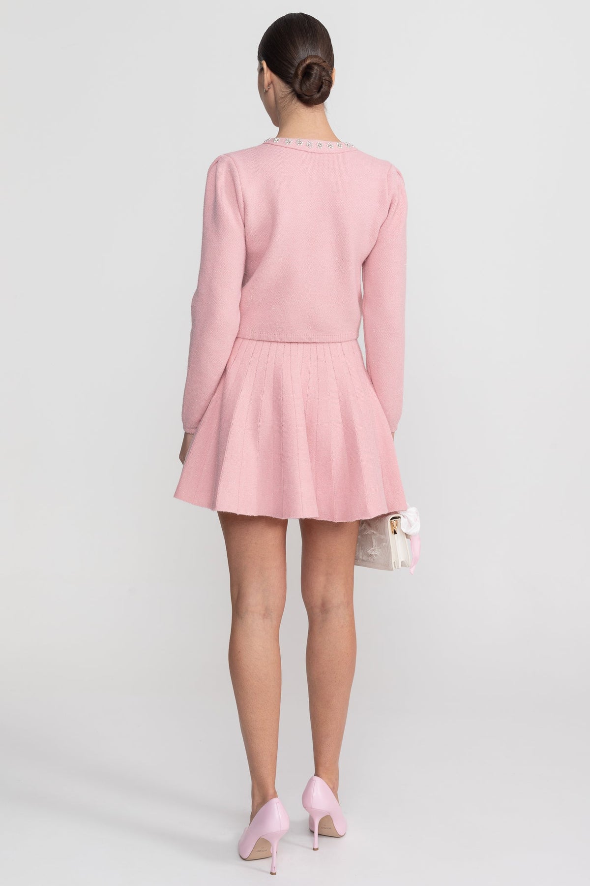 Crystal Embellished Knit Cardigan and Pleated Mini Skirt Set – Blush Pink – view 8