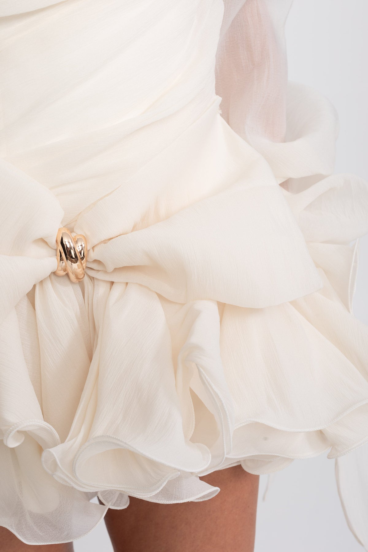 Off-Shoulder Chiffon Ruffle Mini Dress with Bow and Gold Buckle – Ivory – view 8