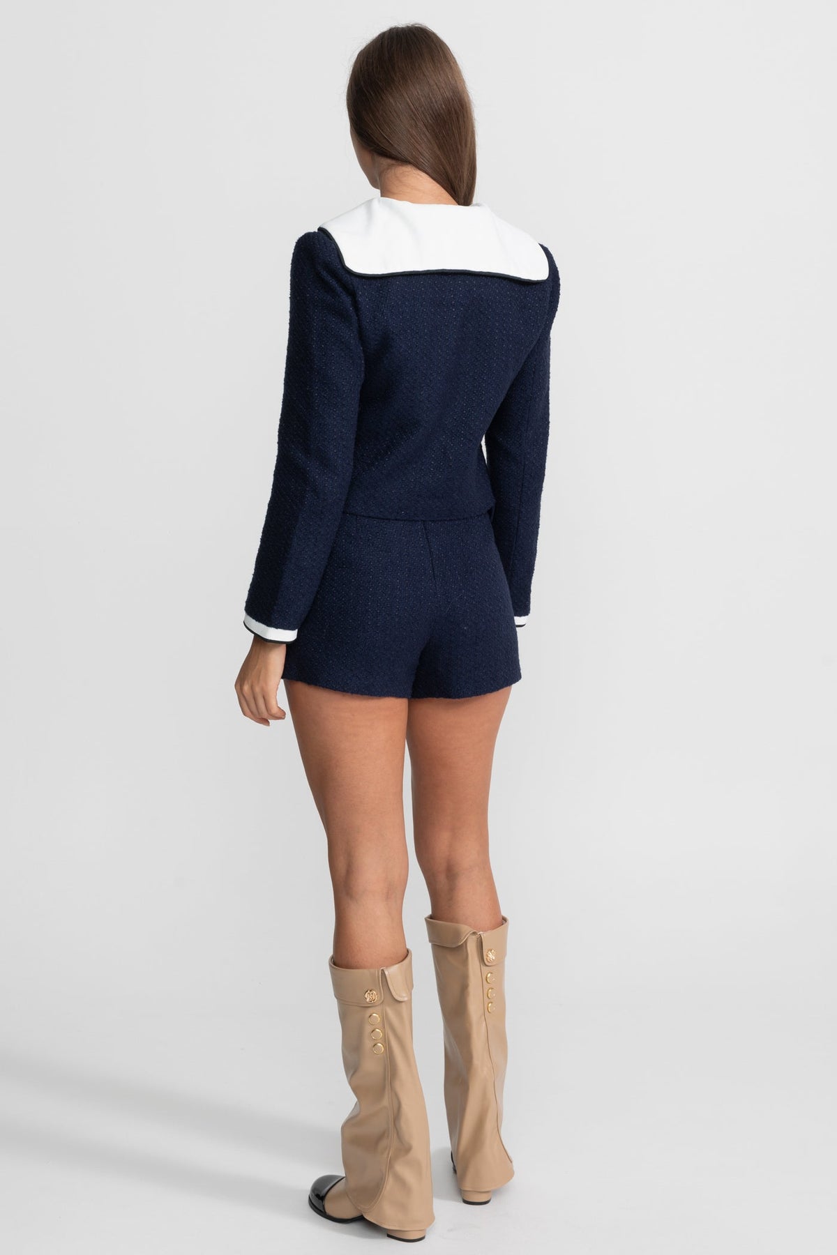 Tweed Cropped Jacket with White Contrast Collar – Navy – view 4