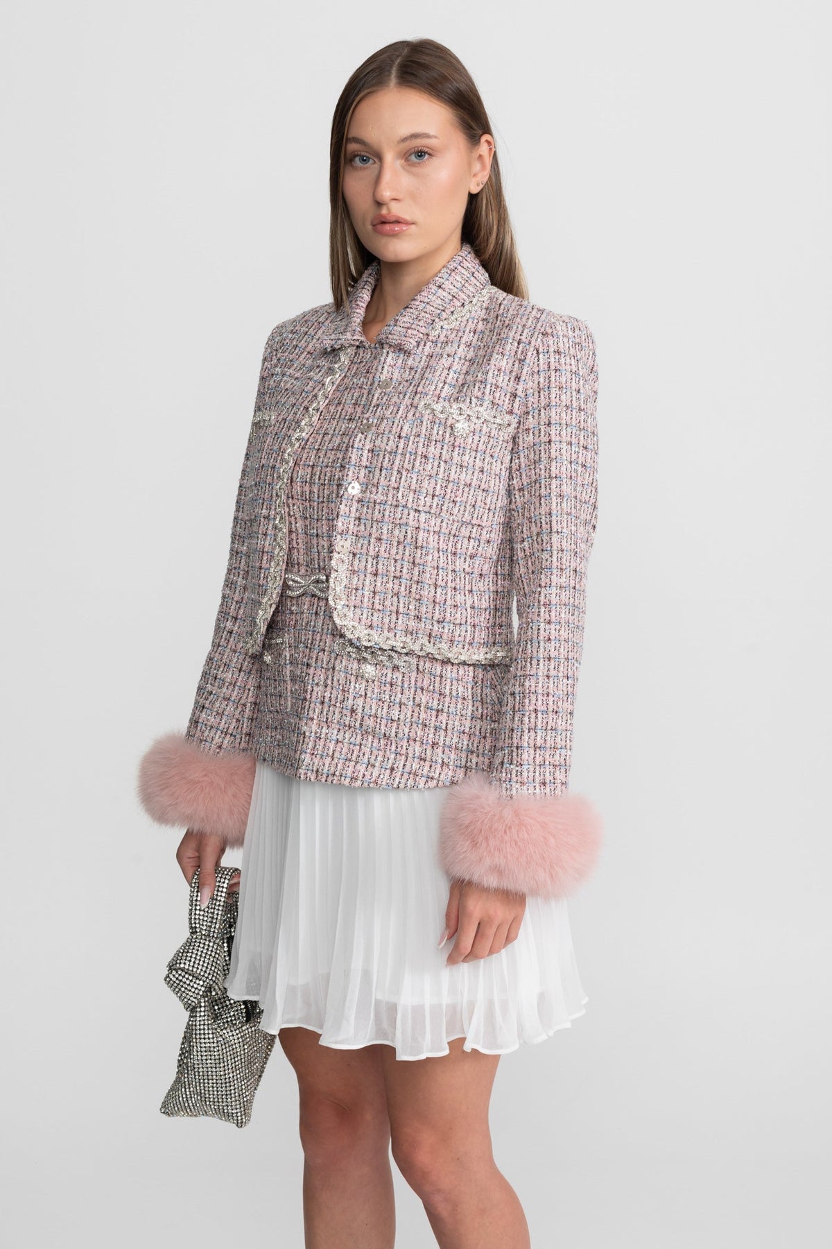 Open Front Tweed Cropped Jacket with Faux Fur Cuffs – Pink – view 8