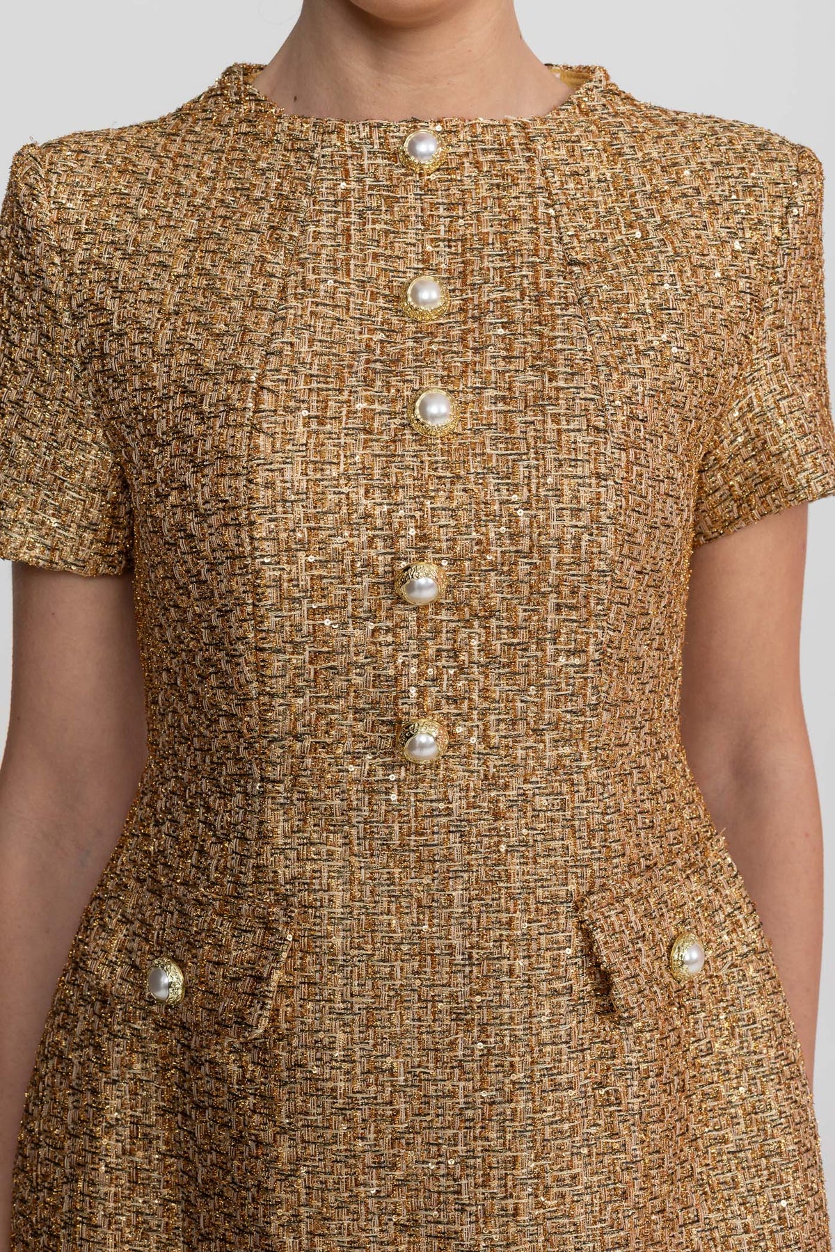Metallic Tweed A-Line Mini Dress with Pearl-Effect Buttons – Gold – view 9