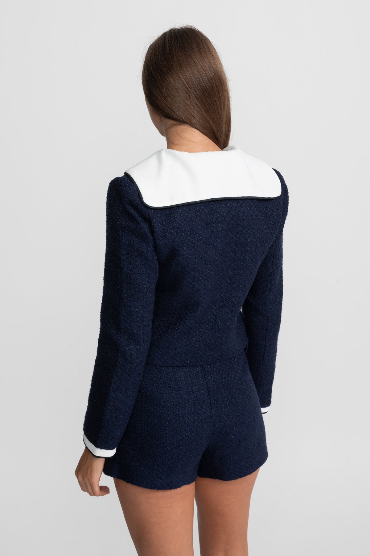 Belted Tweed Mini Skirt with Contrast Trim Flap Pockets – Navy – view 3