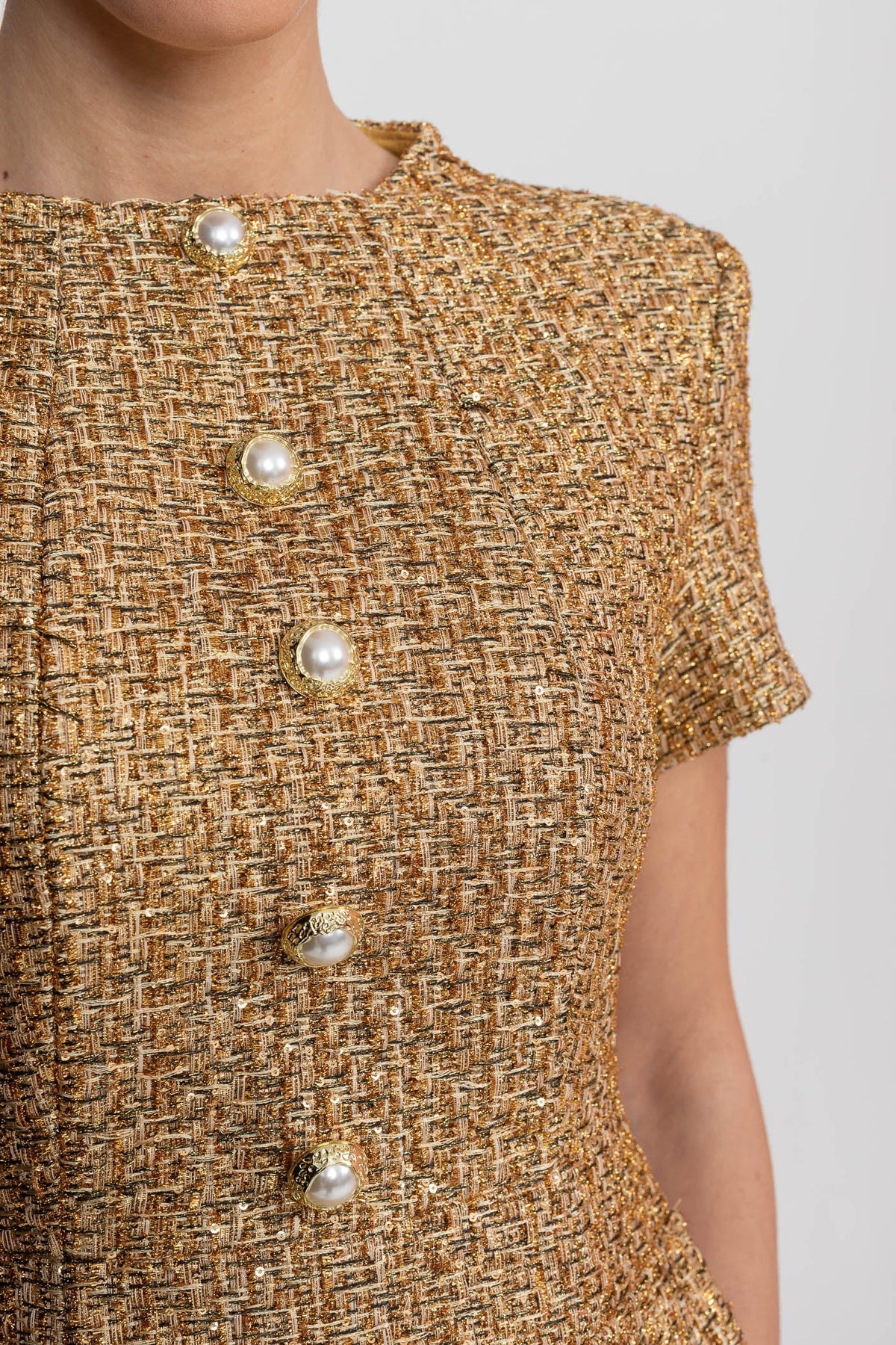 Metallic Tweed A-Line Mini Dress with Pearl-Effect Buttons – Gold – view 10
