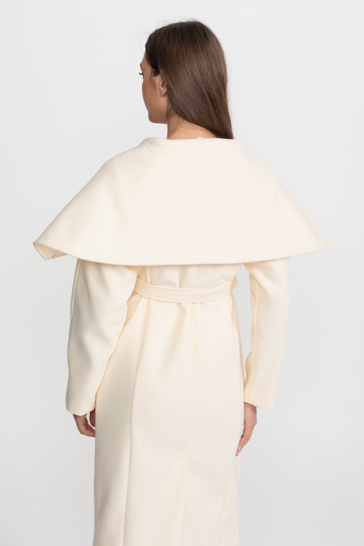 Longline Wool Blend Coat with Detachable Cape Collar and Belt – Ivory