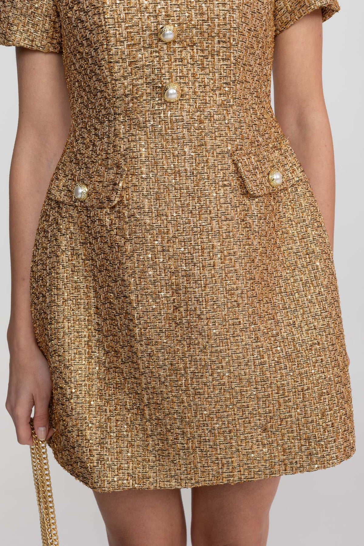 Metallic Tweed A-Line Mini Dress with Pearl-Effect Buttons – Gold – view 11