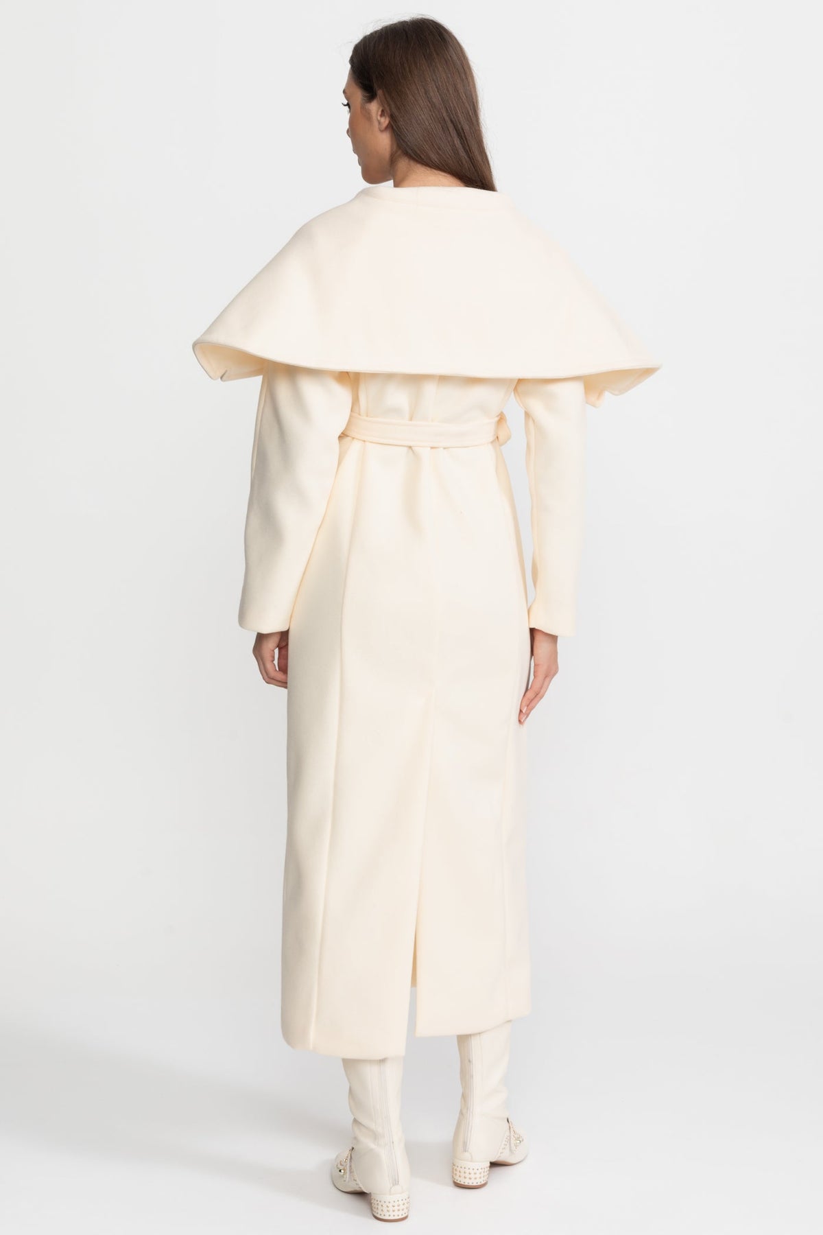 Longline Wool Blend Coat with Detachable Cape Collar and Belt – Ivory – view 6