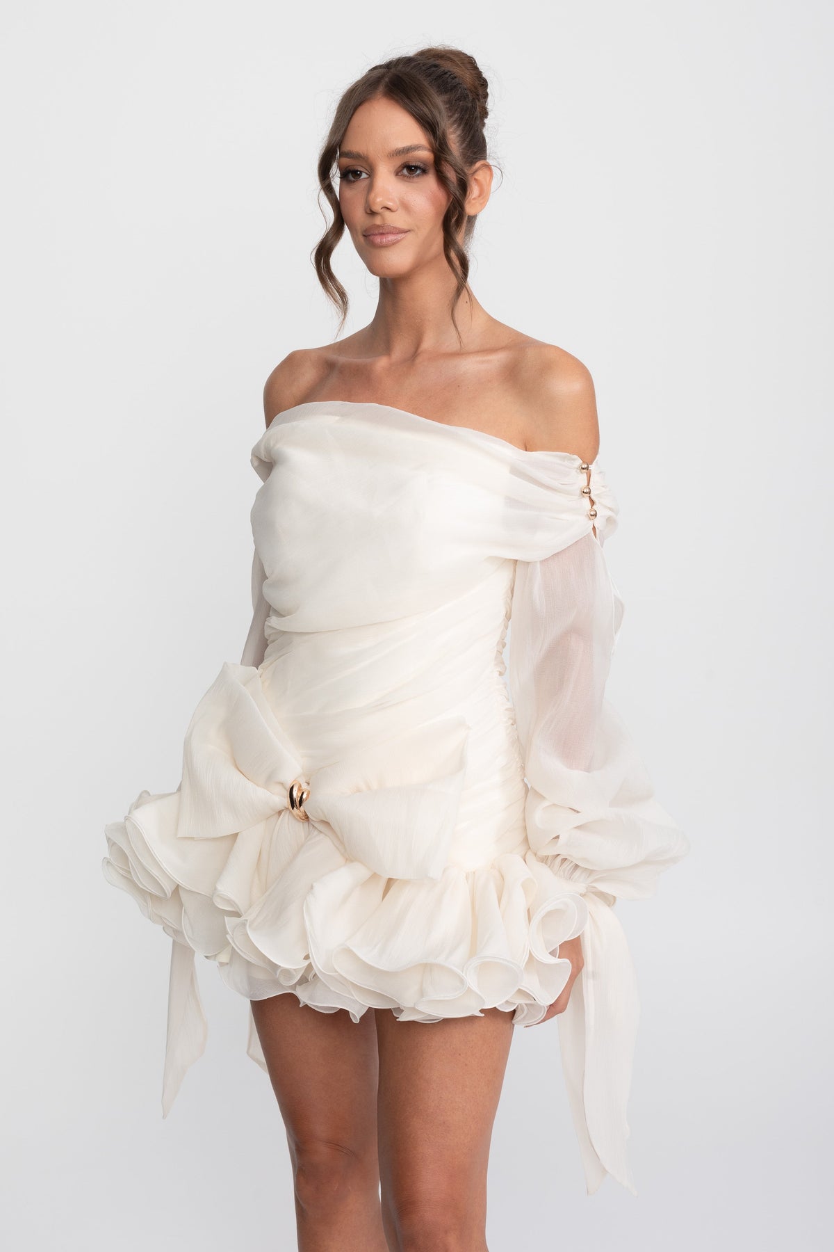 Off-Shoulder Chiffon Ruffle Mini Dress with Bow and Gold Buckle – Ivory – view 5