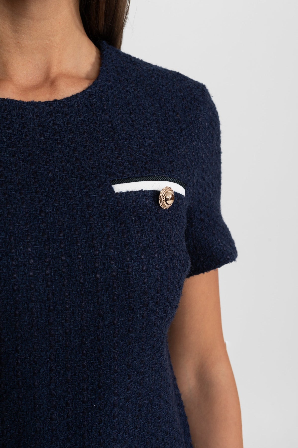 Short Sleeve Belted Tweed Mini Dress with Contrast Pockets – Navy