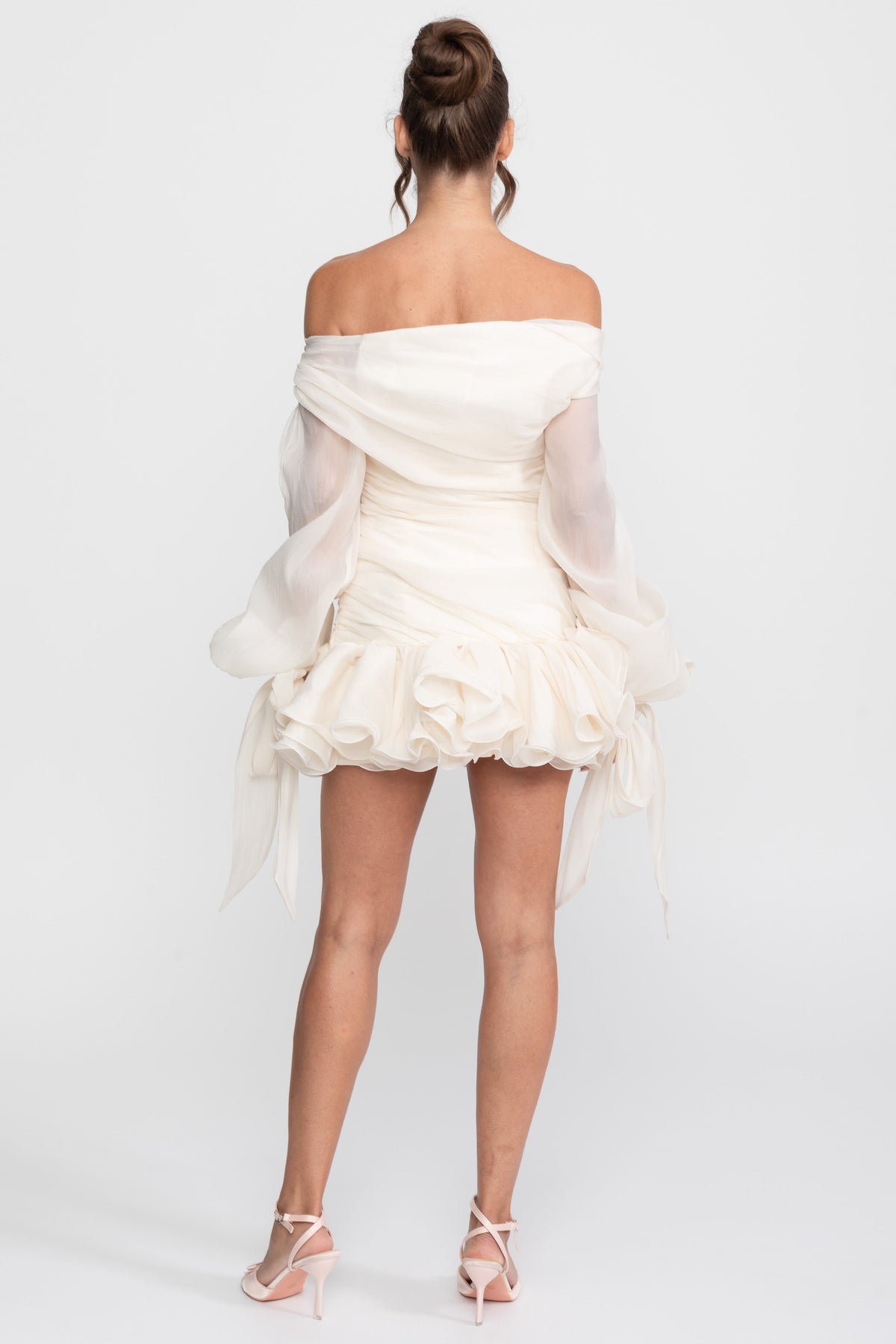 Off-Shoulder Chiffon Ruffle Mini Dress with Bow and Gold Buckle – Ivory – view 9