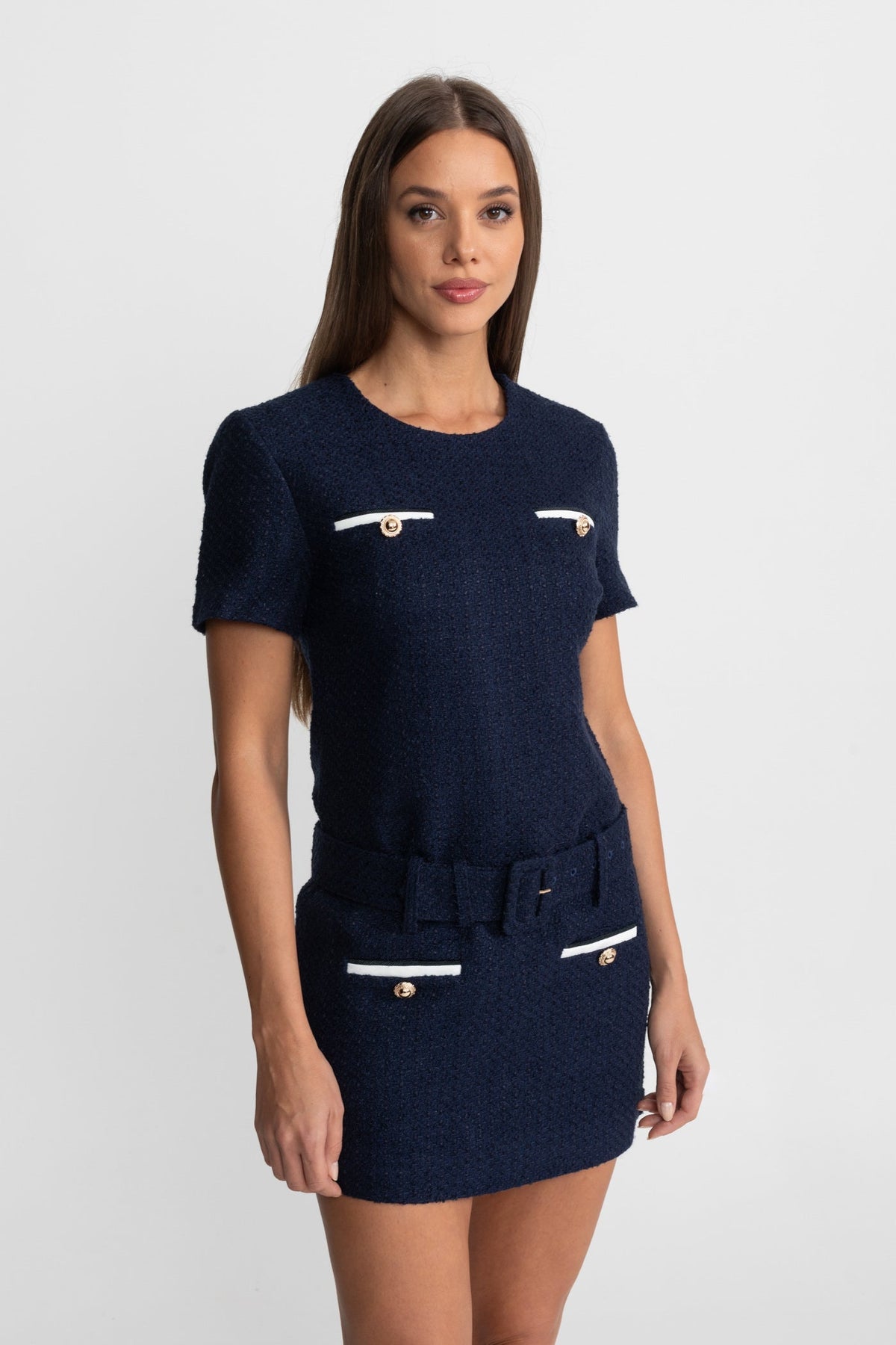 Short Sleeve Belted Tweed Mini Dress with Contrast Pockets – Navy – view 6