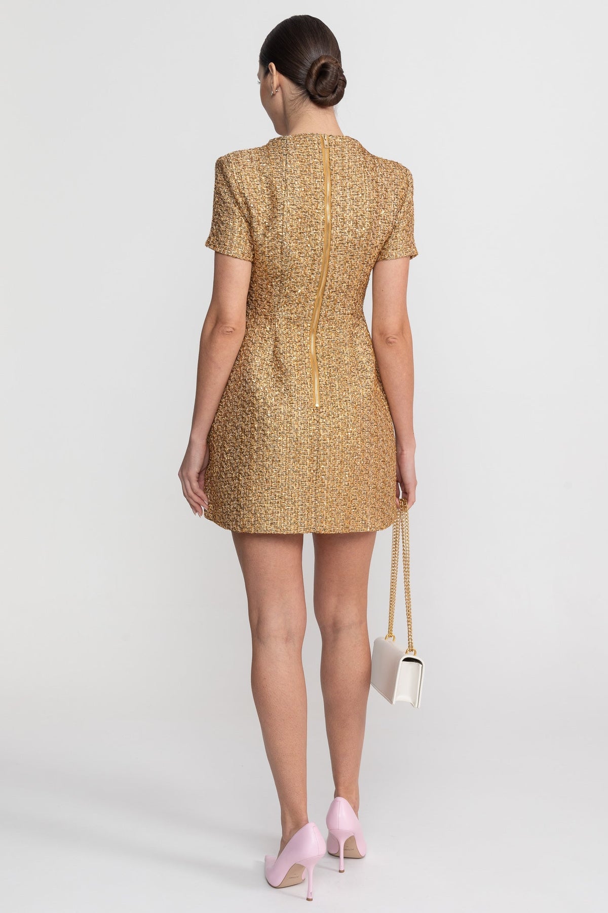 Metallic Tweed A-Line Mini Dress with Pearl-Effect Buttons – Gold – view 7