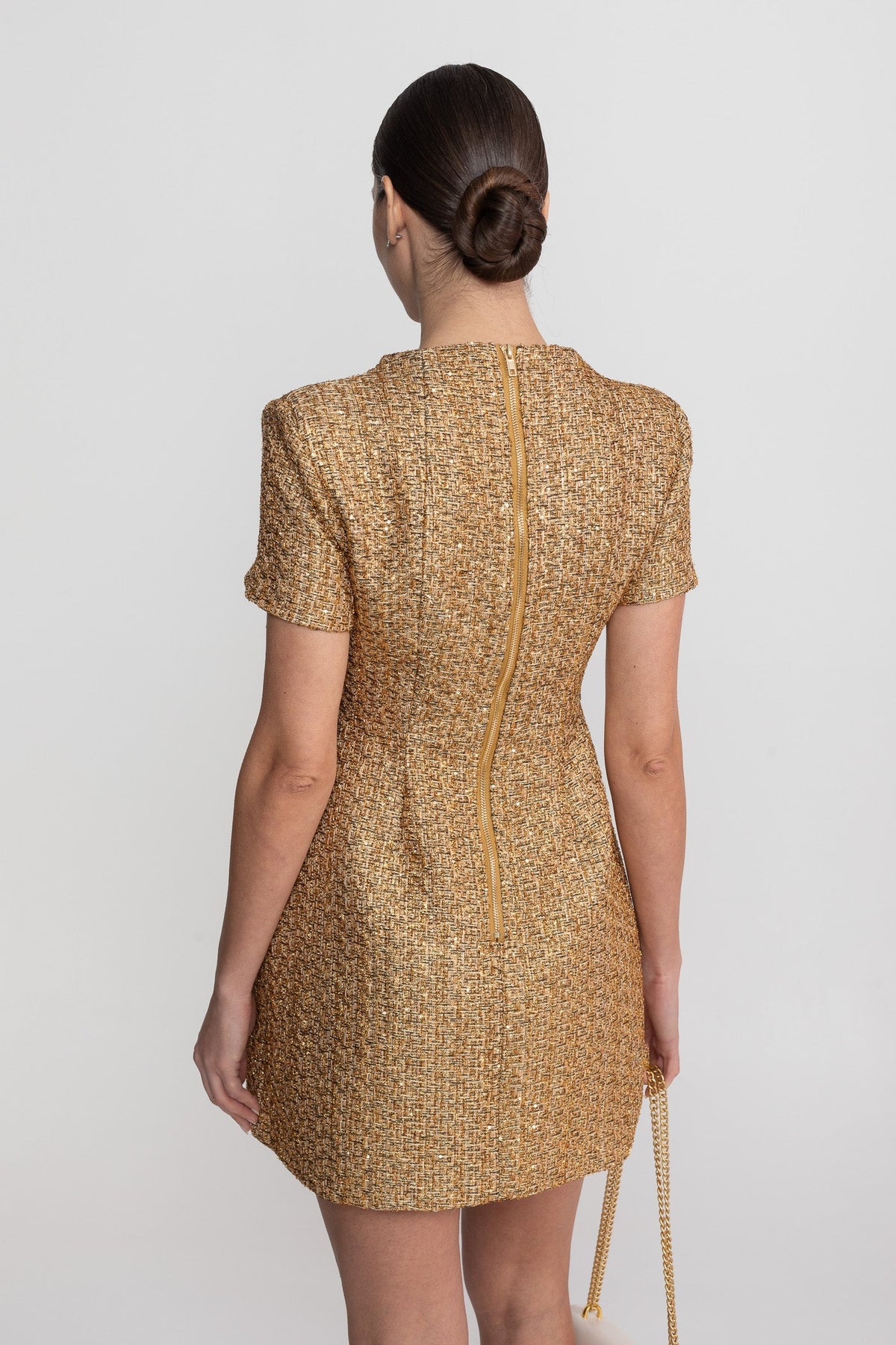 Metallic Tweed A-Line Mini Dress with Pearl-Effect Buttons – Gold – view 8