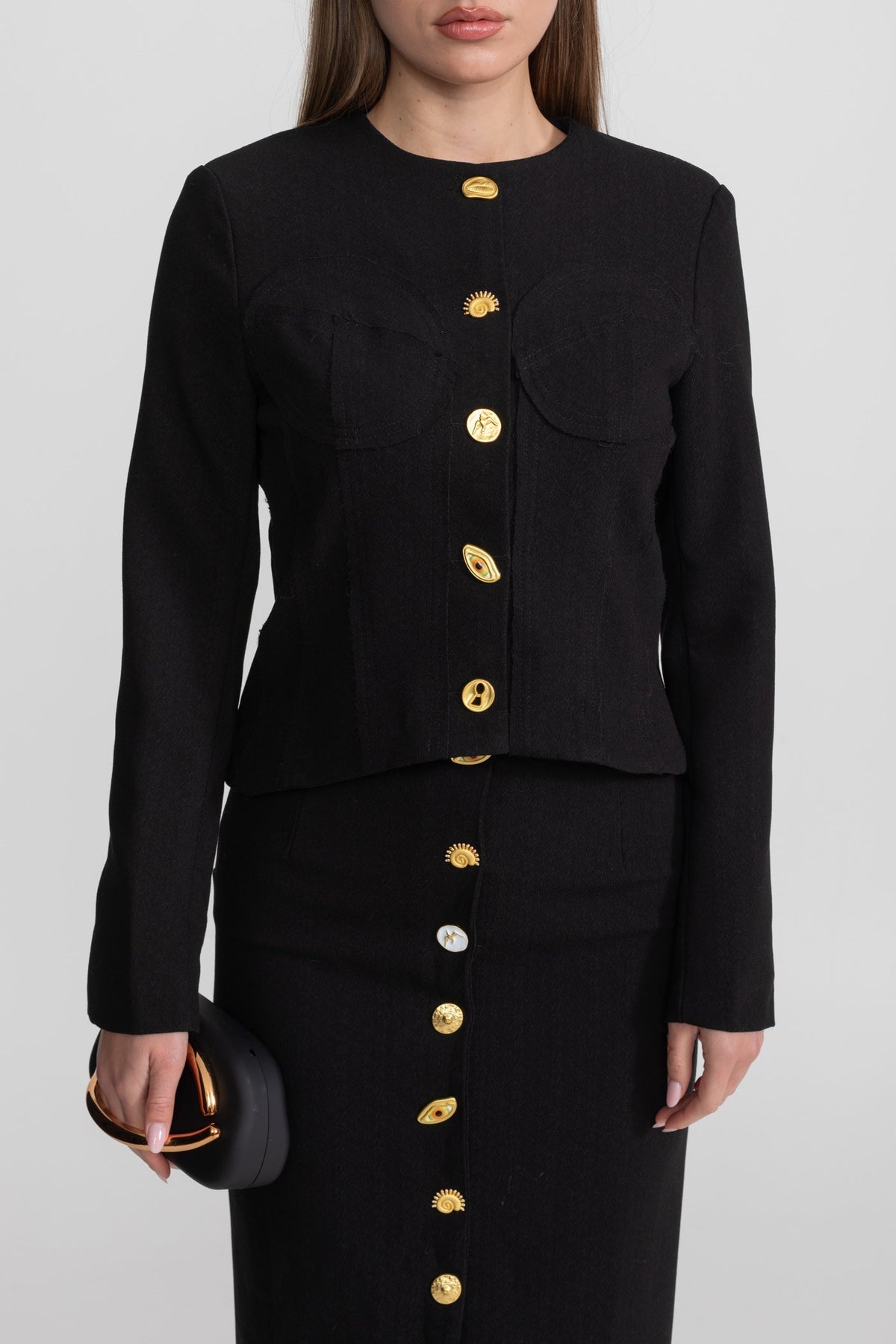 Structured Jacket and Midi Skirt Co-ord Set with Gold Buttons – Black – view 3