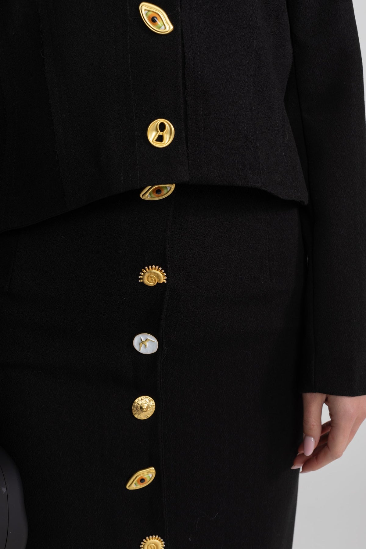Structured Jacket and Midi Skirt Co-ord Set with Gold Buttons – Black – view 4