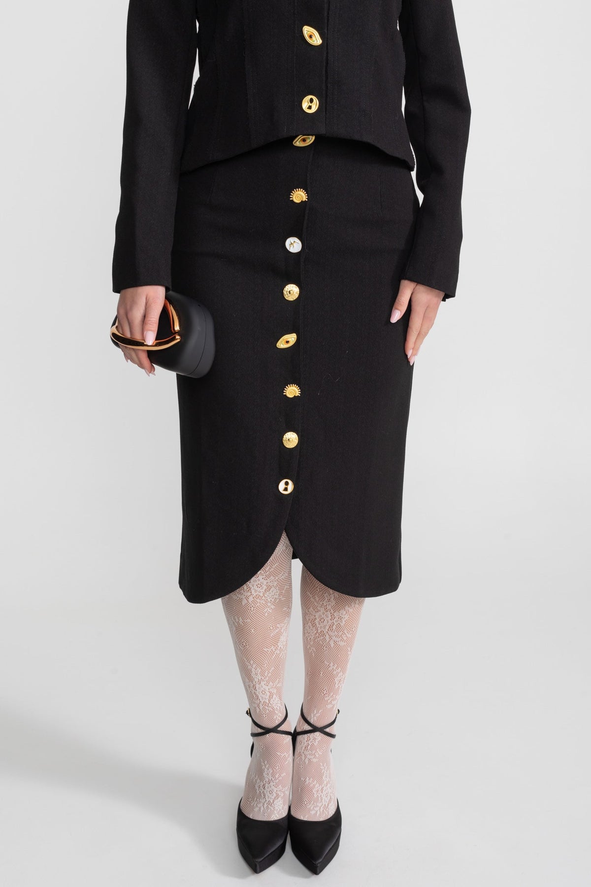 Structured Jacket and Midi Skirt Co-ord Set with Gold Buttons – Black – view 5