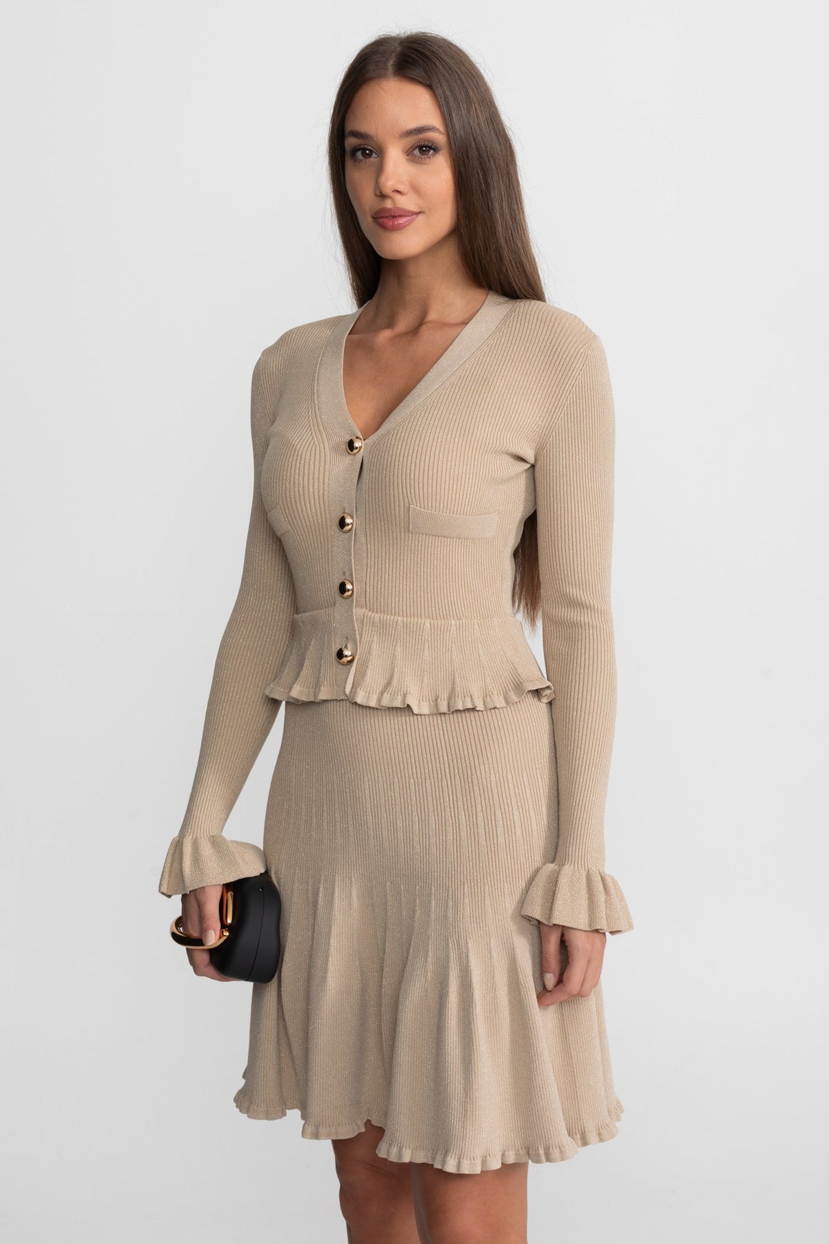 Long Sleeve V-Neck Ribbed Knit Peplum Dress with Gold Buttons – Beige – view 7