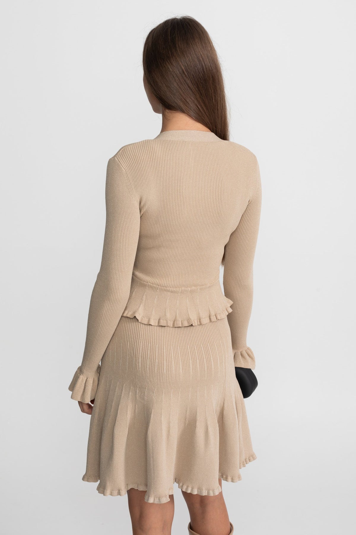 Long Sleeve V-Neck Ribbed Knit Peplum Dress with Gold Buttons – Beige – view 8