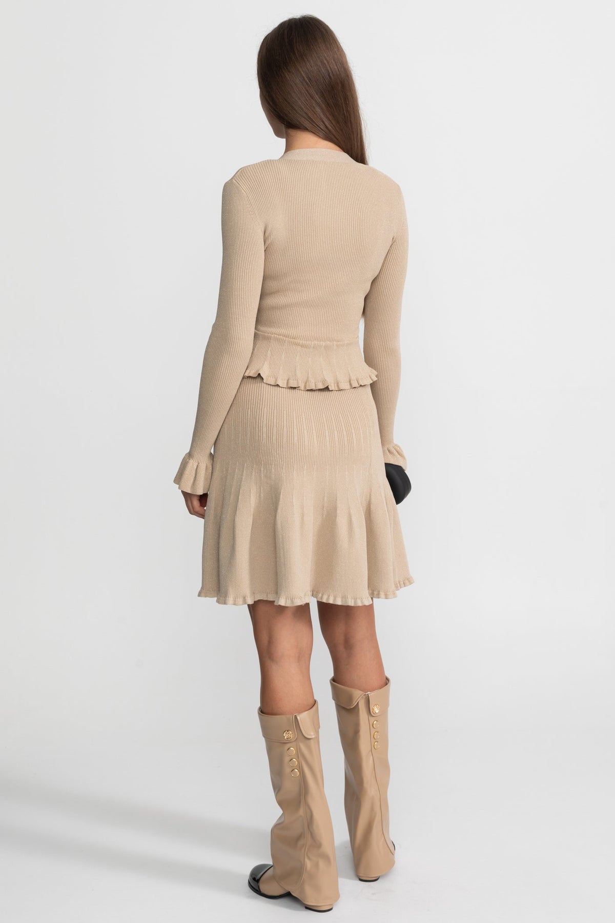 Long Sleeve V-Neck Ribbed Knit Peplum Dress with Gold Buttons – Beige – view 9