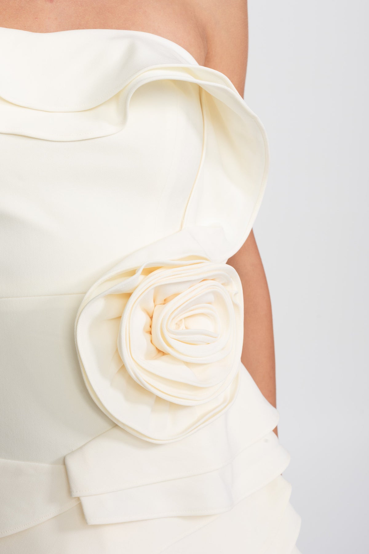 Strapless Tiered Ruffle Mini Dress with Folded Bodice and Rosette – Ivory – view 6