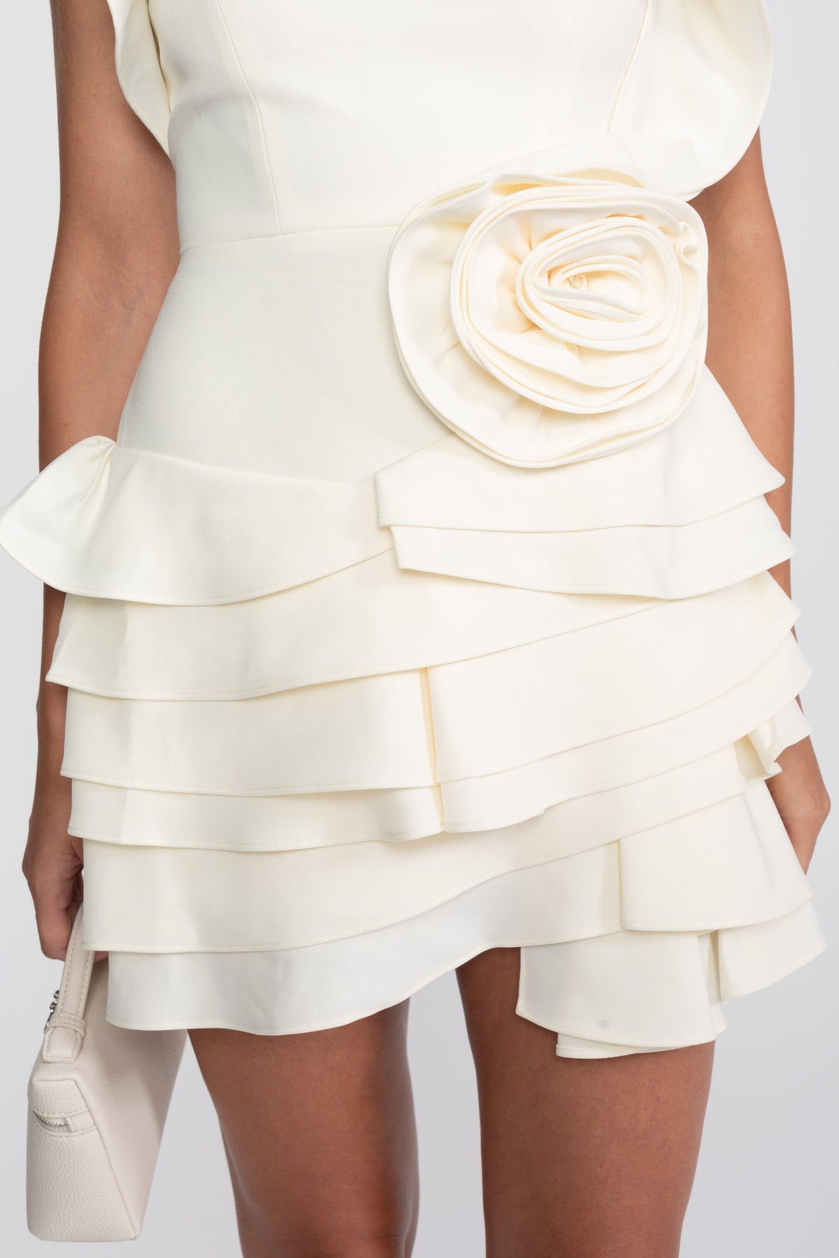 Strapless Tiered Ruffle Mini Dress with Folded Bodice and Rosette – Ivory – view 5