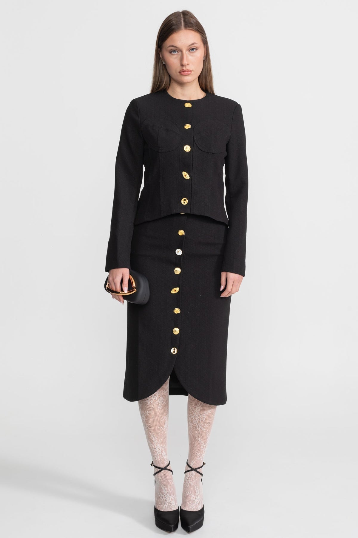 Structured Jacket and Midi Skirt Co-ord Set with Gold Buttons – Black – view 7