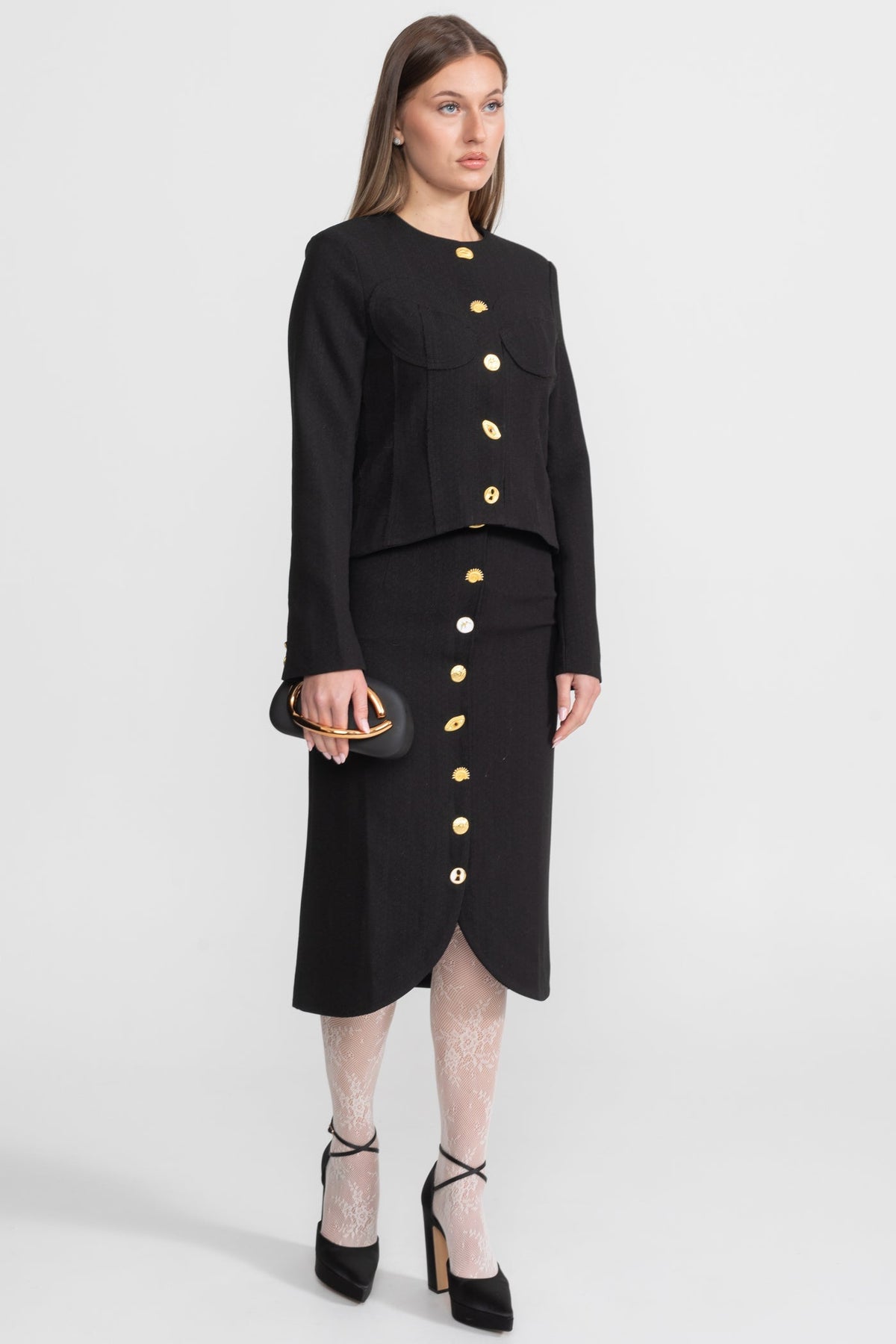 Structured Jacket and Midi Skirt Co-ord Set with Gold Buttons – Black – view 8