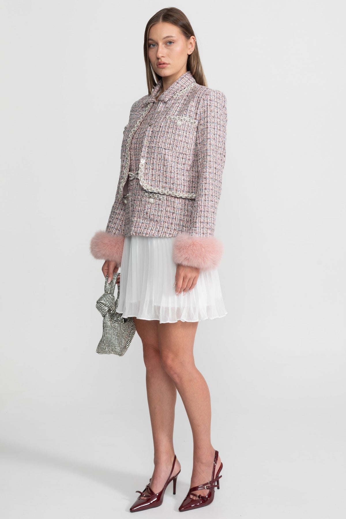 Open Front Tweed Cropped Jacket with Faux Fur Cuffs – Pink – view 4