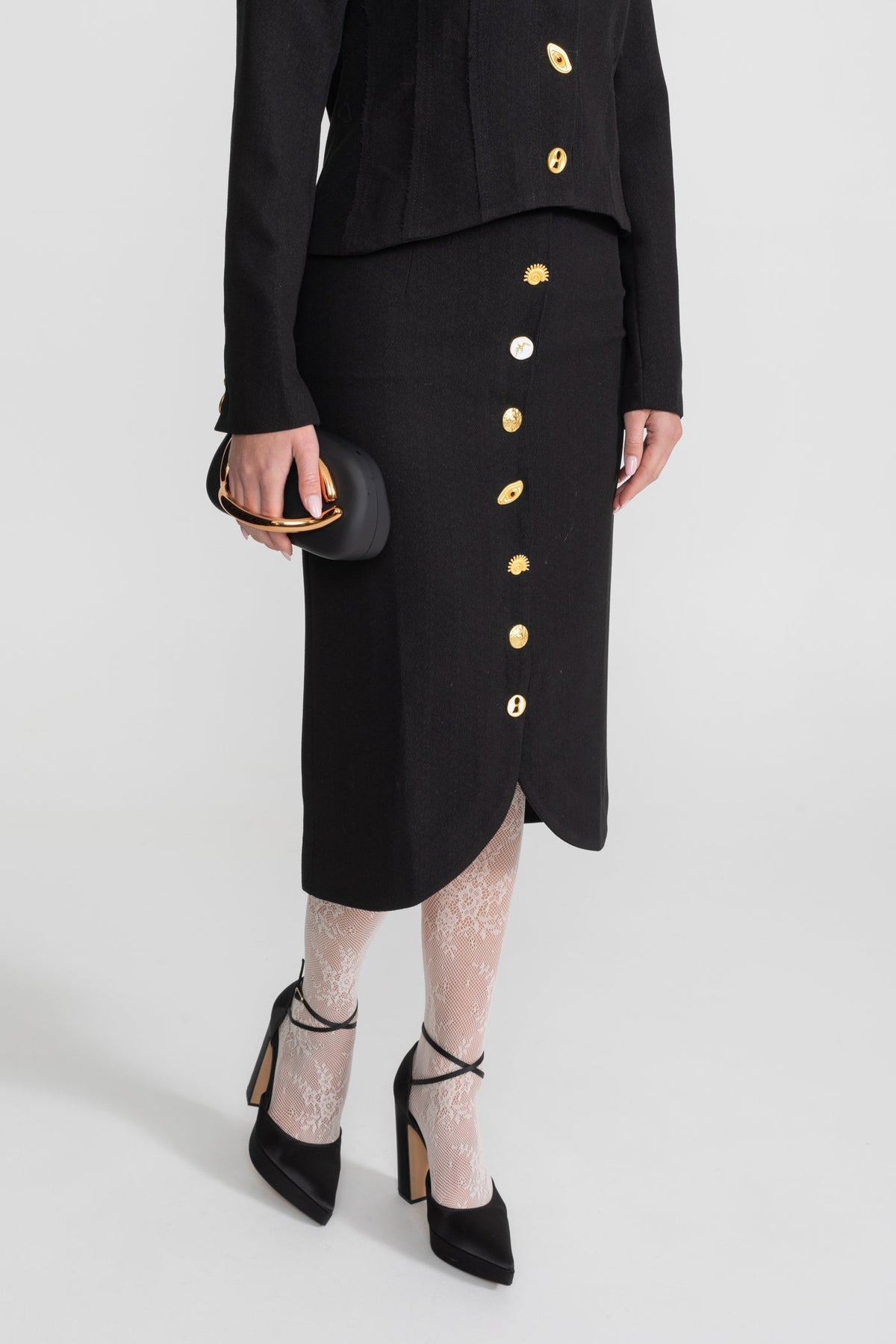 Structured Jacket and Midi Skirt Co-ord Set with Gold Buttons – Black – view 9
