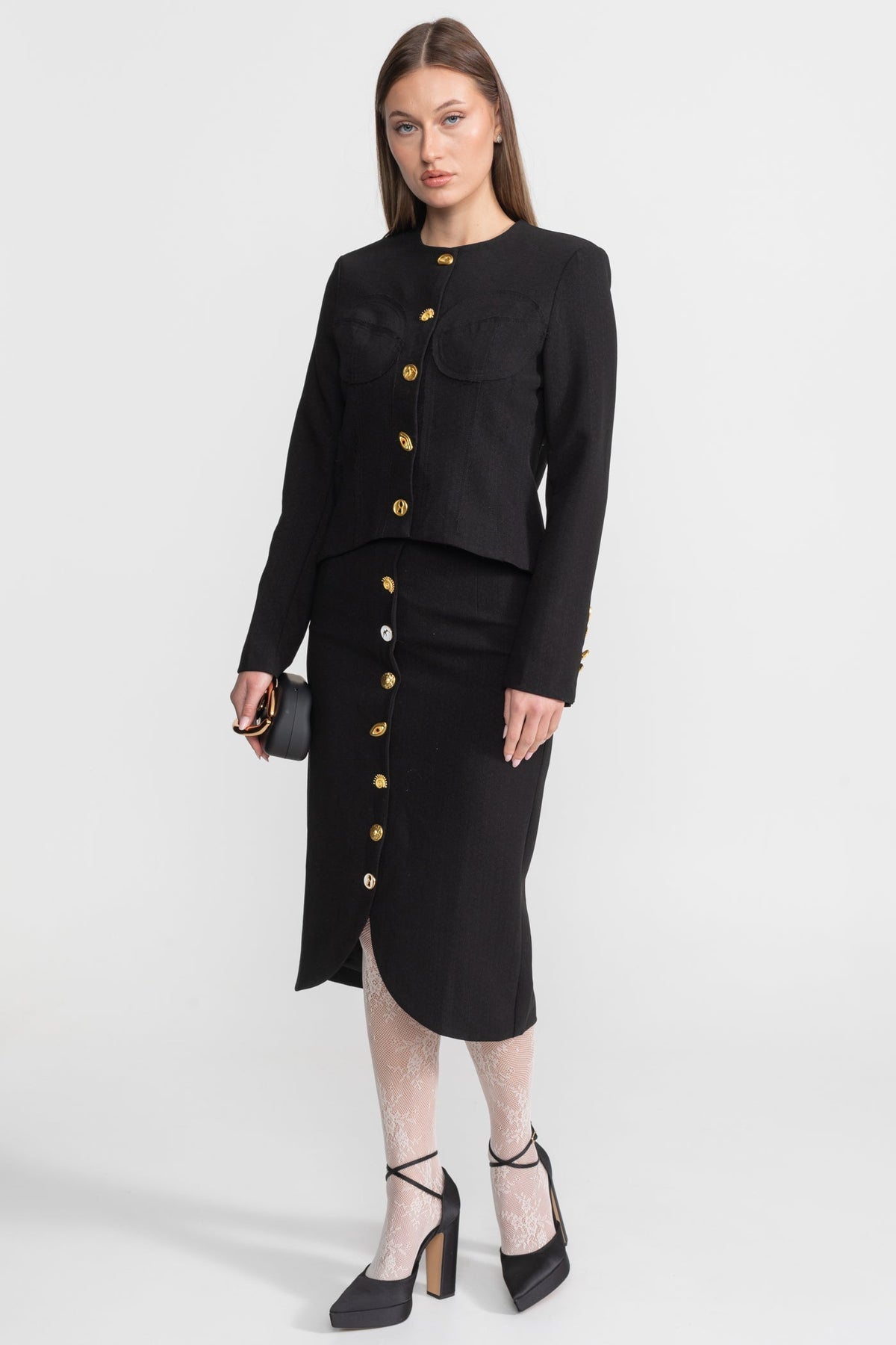 Structured Jacket and Midi Skirt Co-ord Set with Gold Buttons – Black – view 10