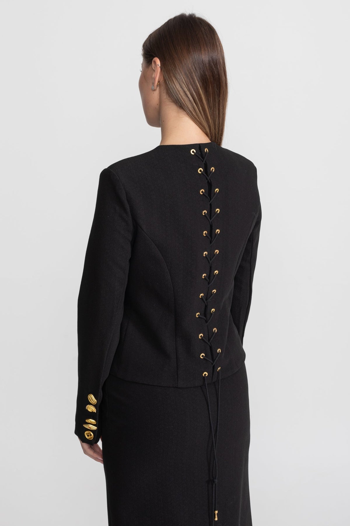 Structured Jacket and Midi Skirt Co-ord Set with Gold Buttons – Black – view 11