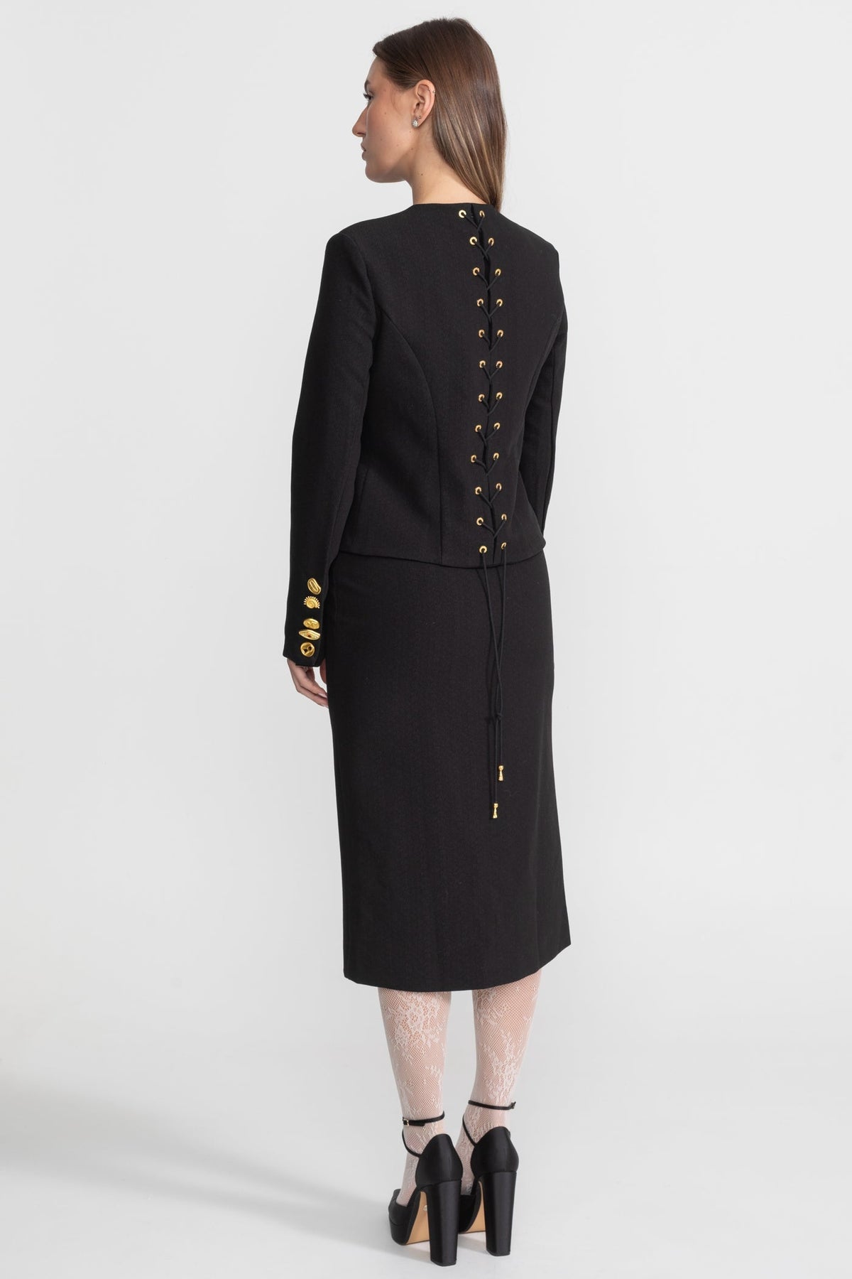 Structured Jacket and Midi Skirt Co-ord Set with Gold Buttons – Black – view 12