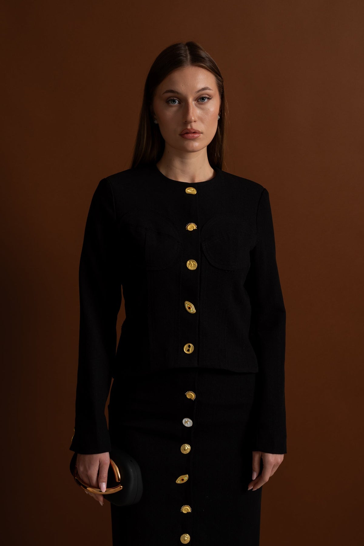 Structured Jacket and Midi Skirt Co-ord Set with Gold Buttons – Black – view 13