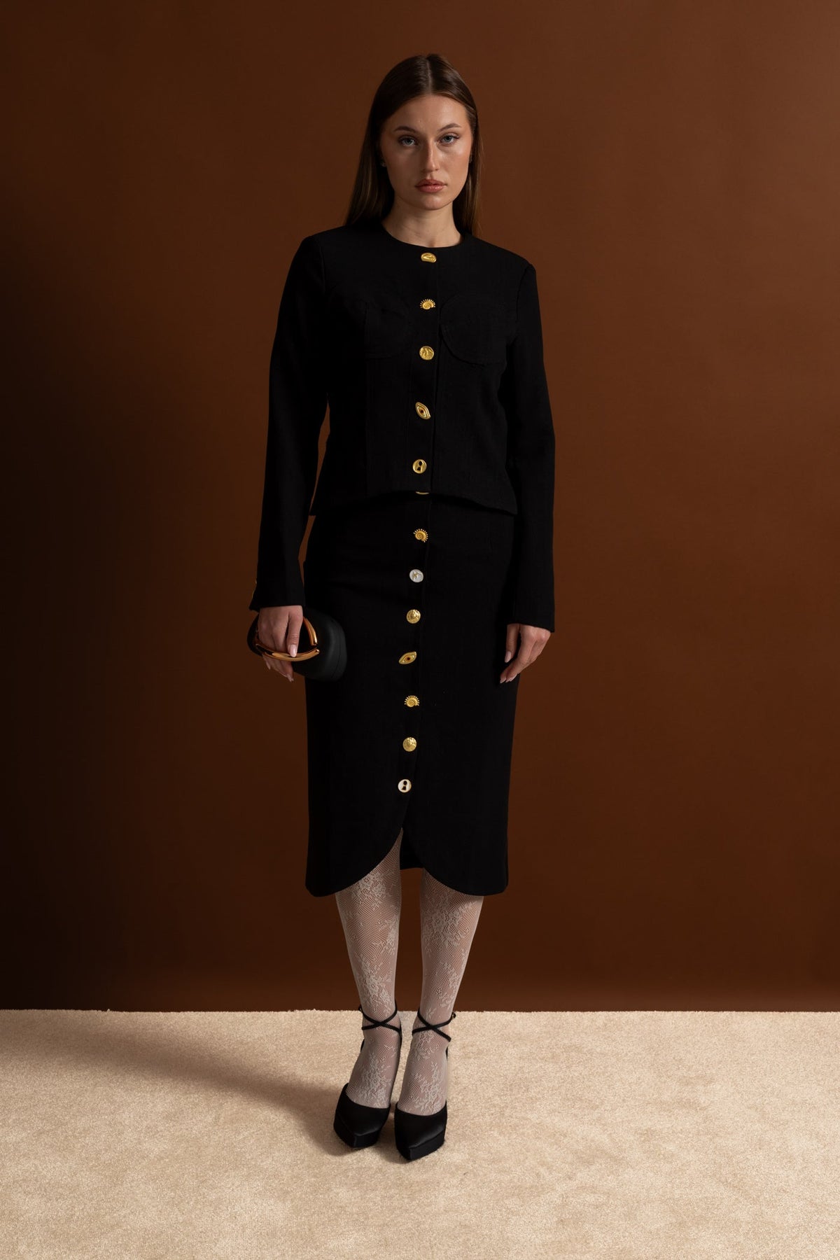Structured Jacket and Midi Skirt Co-ord Set with Gold Buttons – Black – view 14