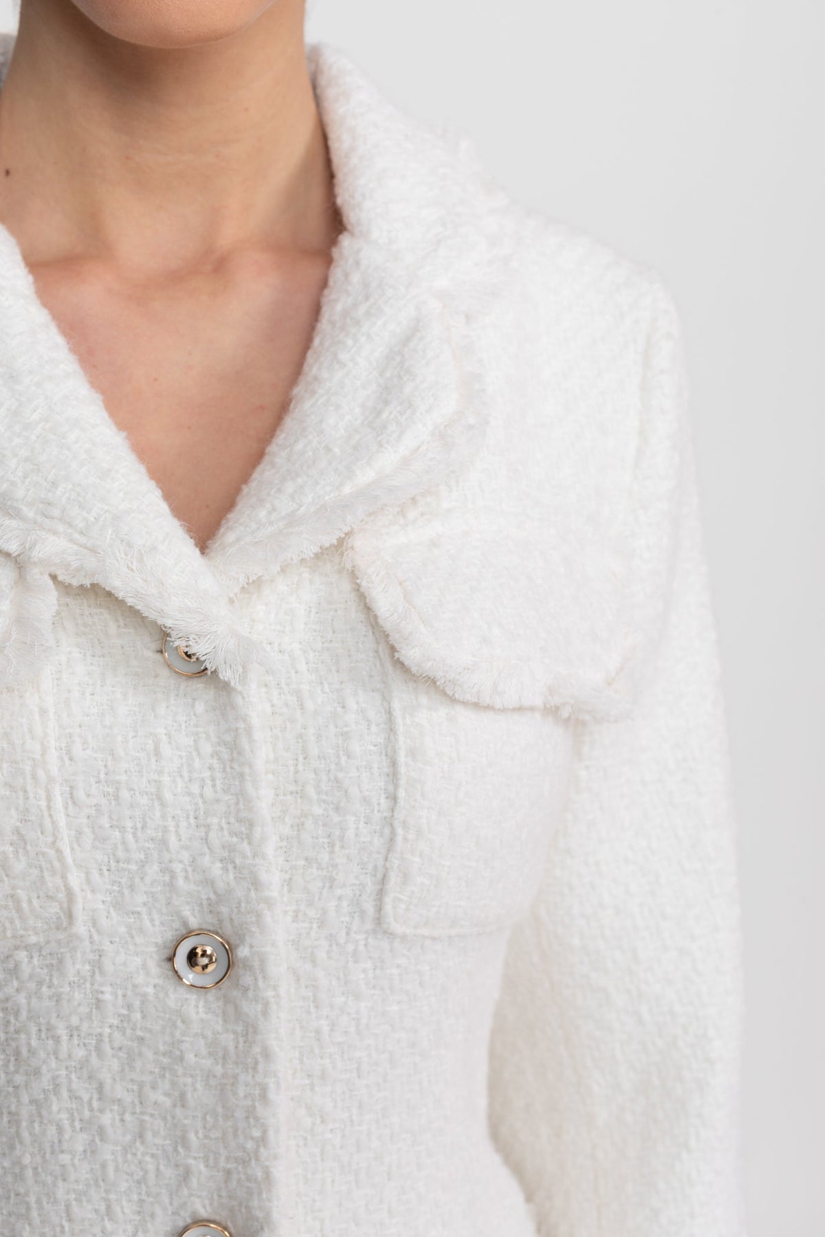 Bouclé Midi Coat with Notched Collar and Crest Buttons – White