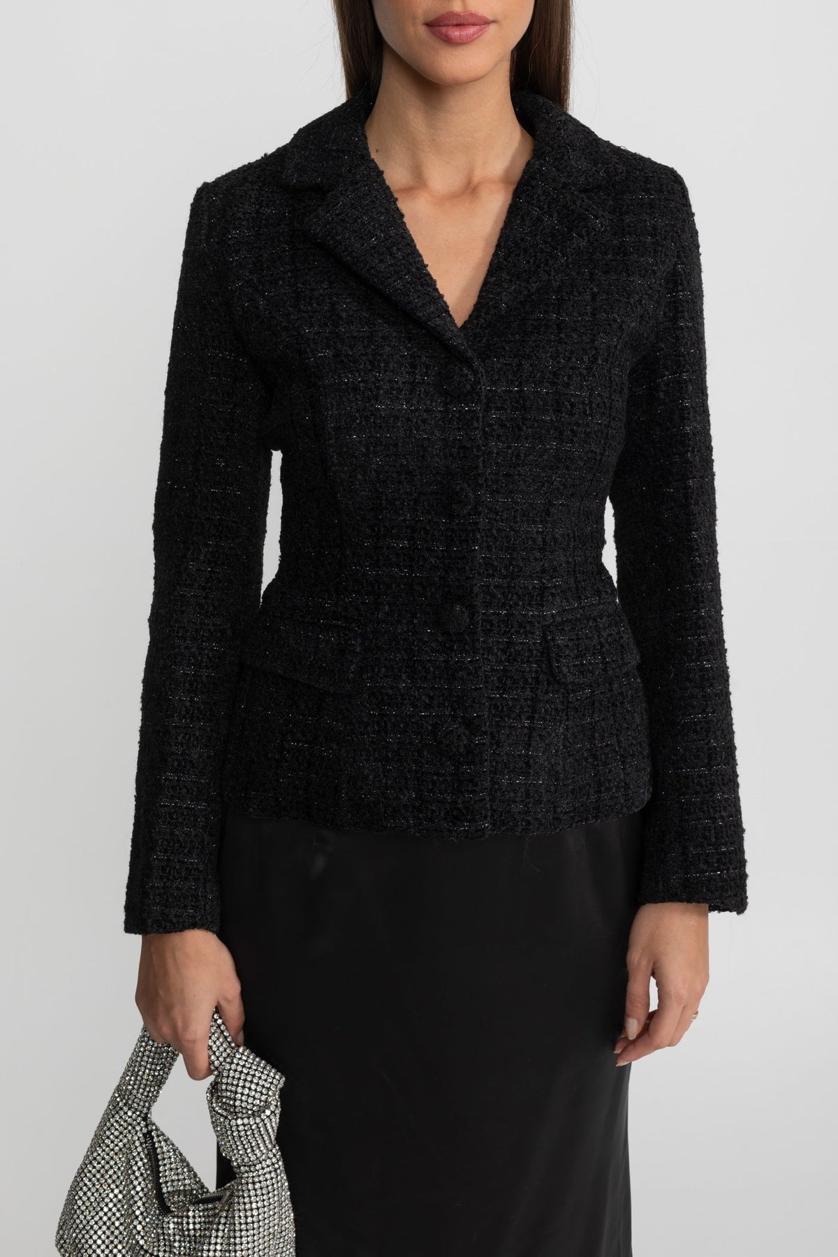 Tweed Blazer and Satin Maxi Skirt Co-ord Set – Black – view 4