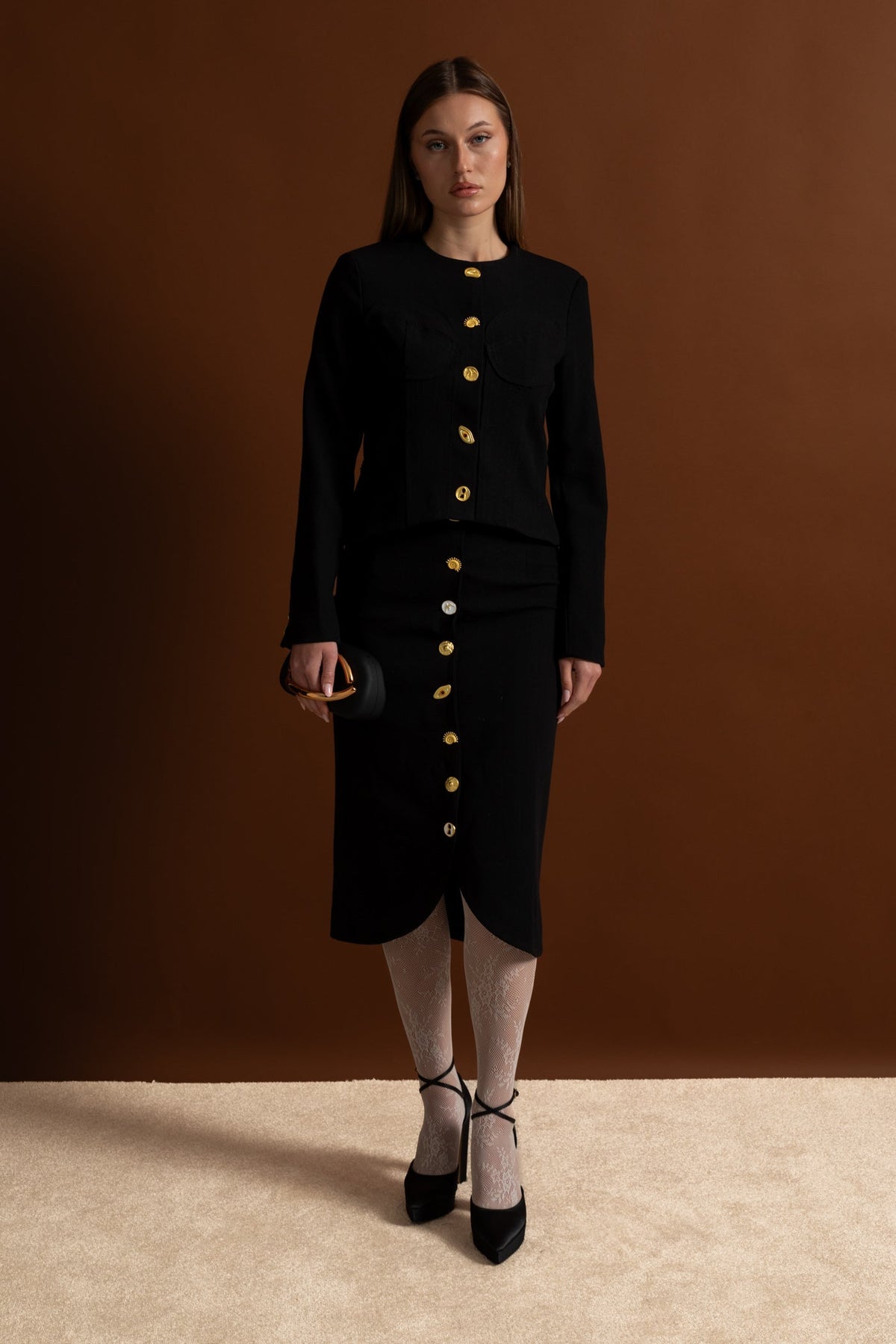 Structured Jacket and Midi Skirt Co-ord Set with Gold Buttons – Black – view 15
